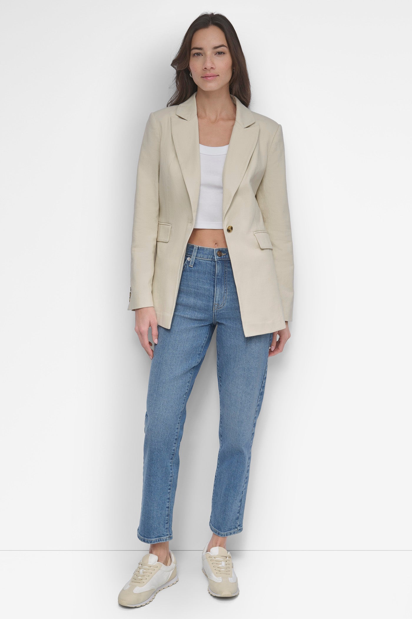 SINGLE BUTTON BLAZER WITH CUT AWAY HEM VIEW 7 | Summer Essentials