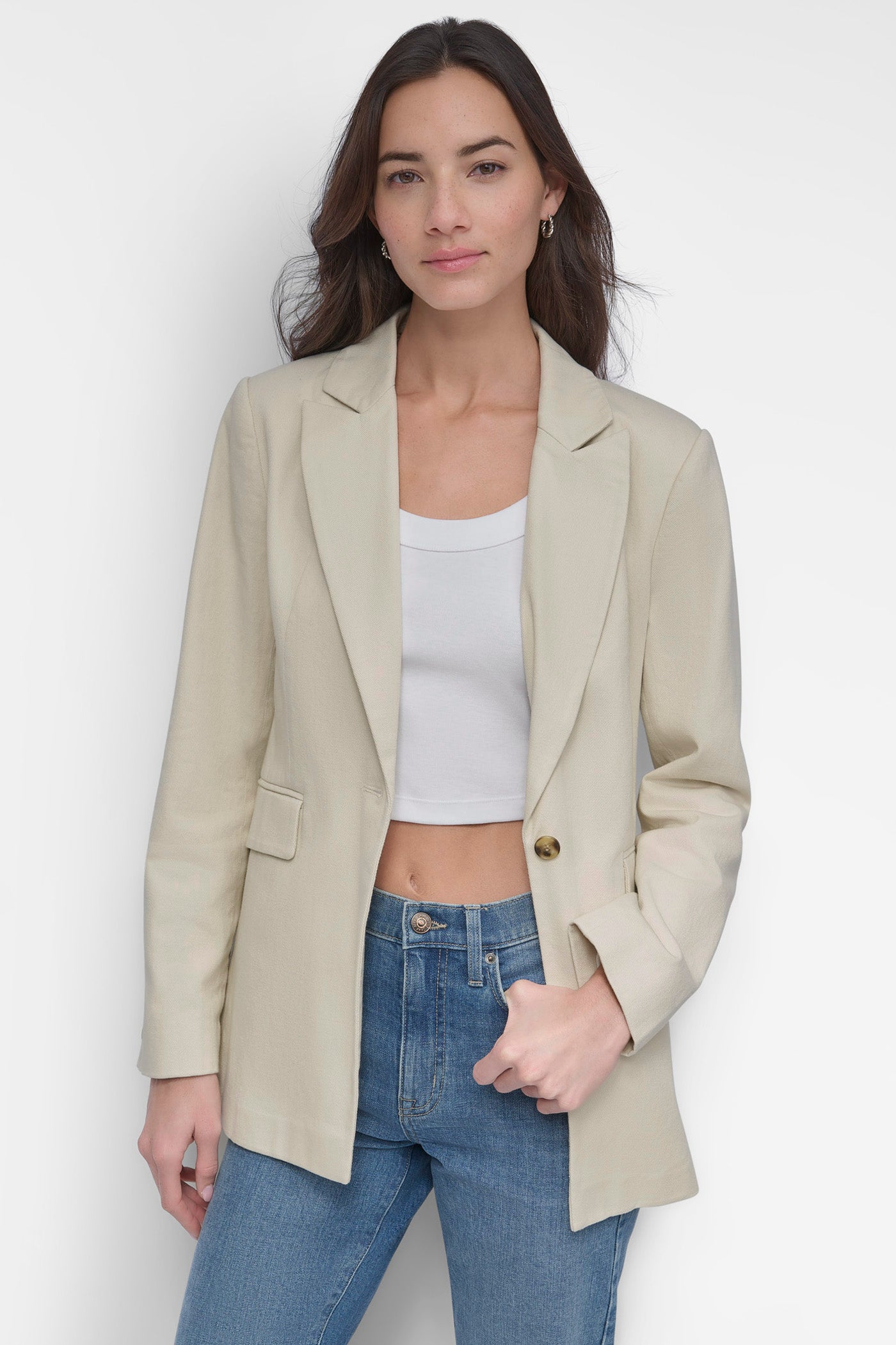 LIGHT CITY KHAKI SINGLE BUTTON BLAZER WITH CUT AWAY HEM, FRONT VIEW | Summer Essentials