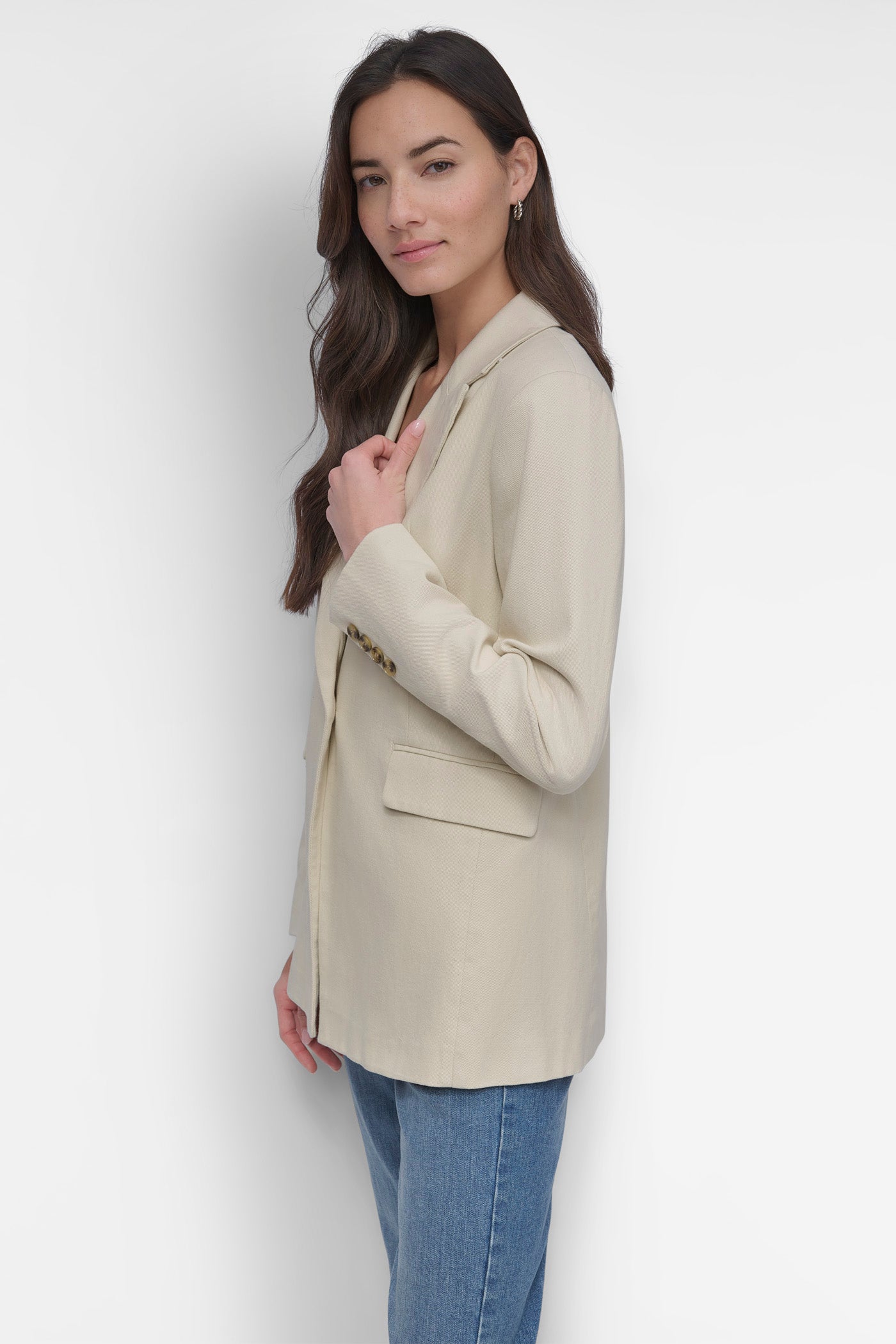 SINGLE BUTTON BLAZER WITH CUT AWAY HEM VIEW 3 | Summer Essentials