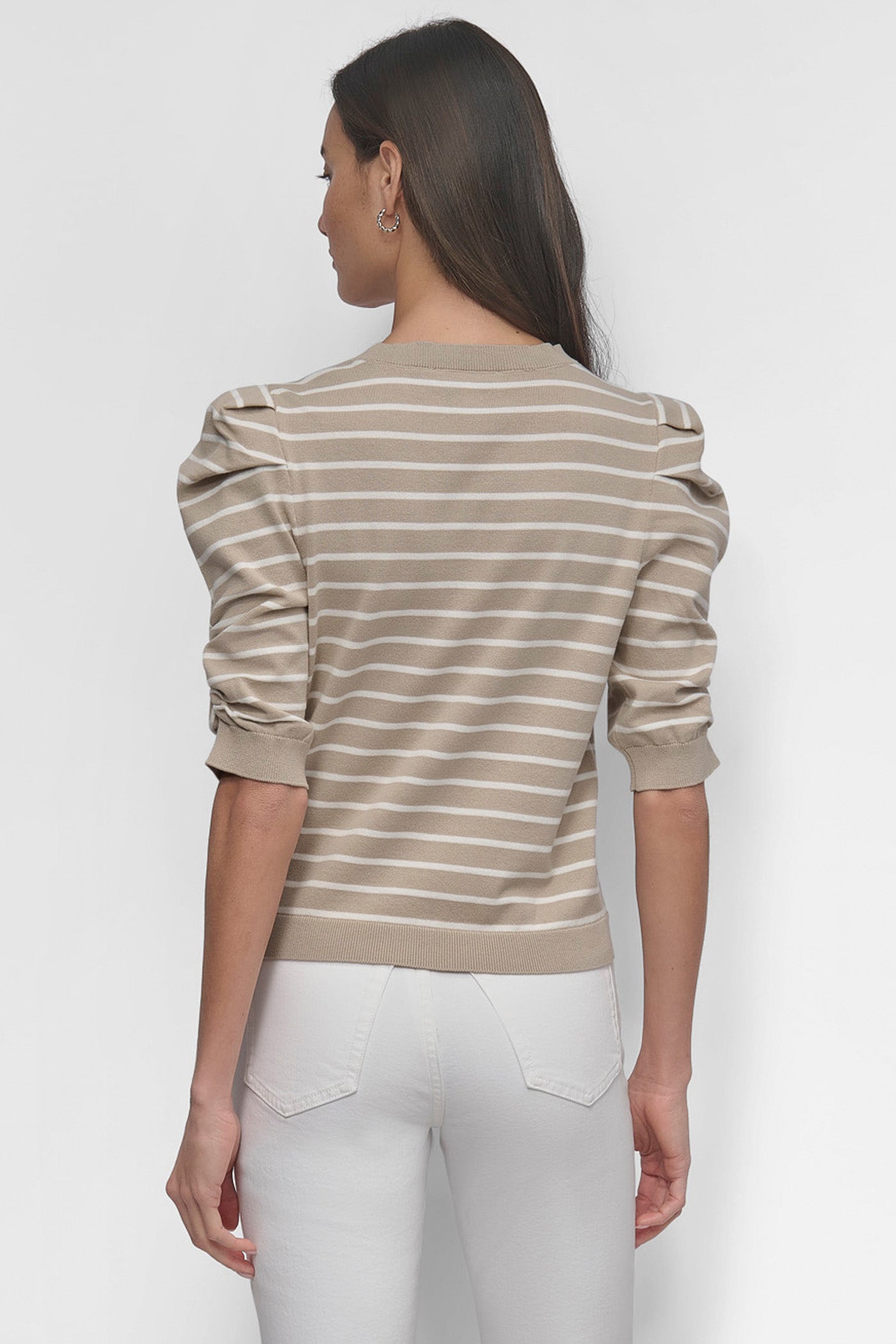 PEBBLE/IVORY CREW NECK STRIPE TOP WITH PUFF, BACK VIEW | WOMEN'S SWEATERS & TOPS