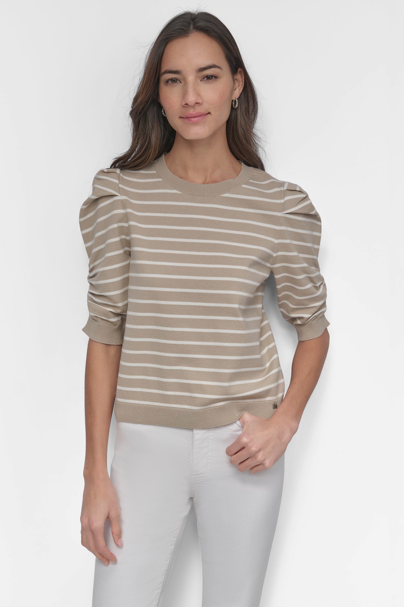 PEBBLE/IVORY CREW NECK STRIPE TOP WITH PUFF, FRONT VIEW | WOMEN'S SWEATERS & TOPS