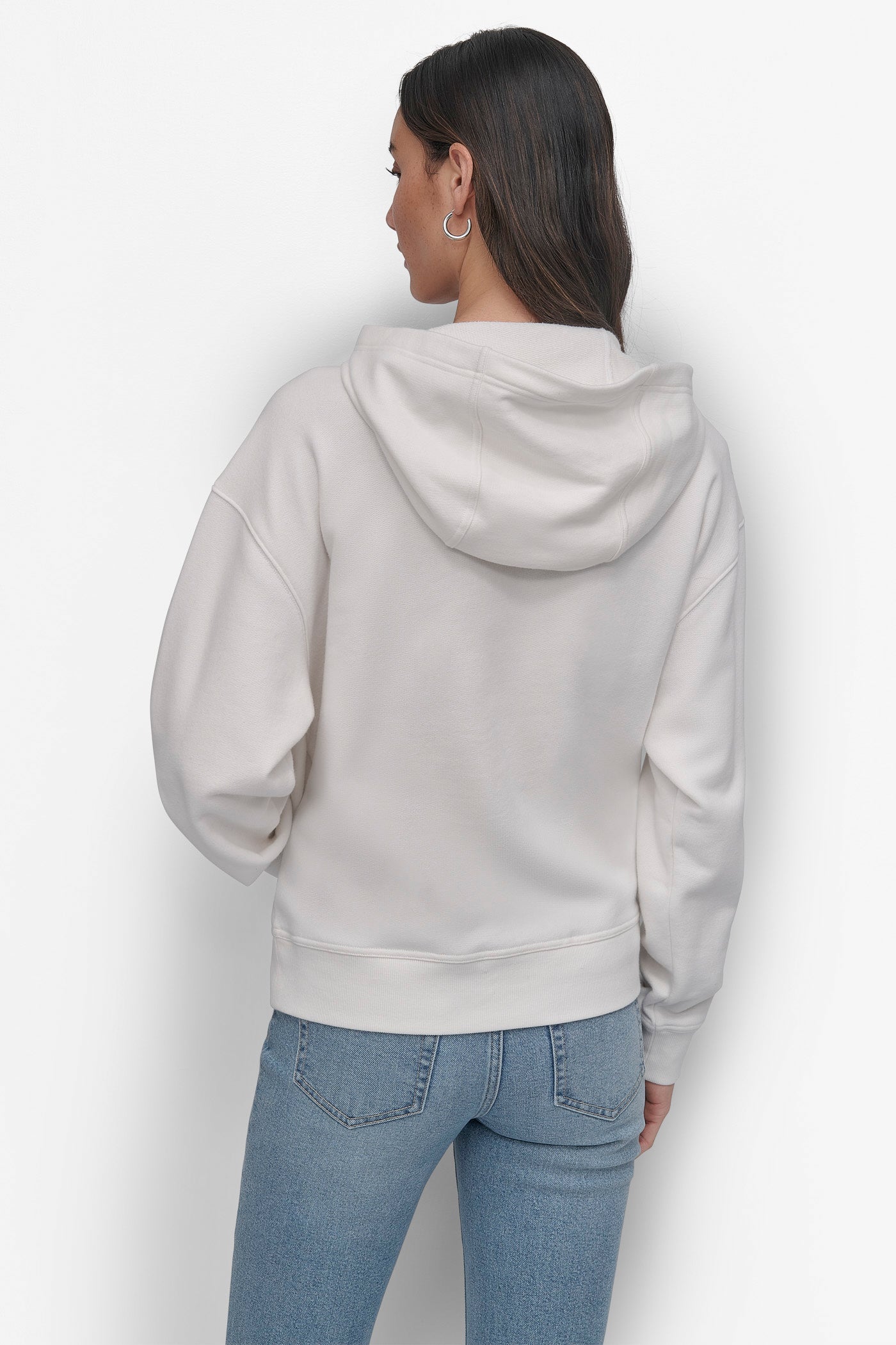 WHITE/MATTE SILVER DKNY ARCHED DOME STUD SWEATSHIRT, BACK VIEW | Sweatshirts & Joggers