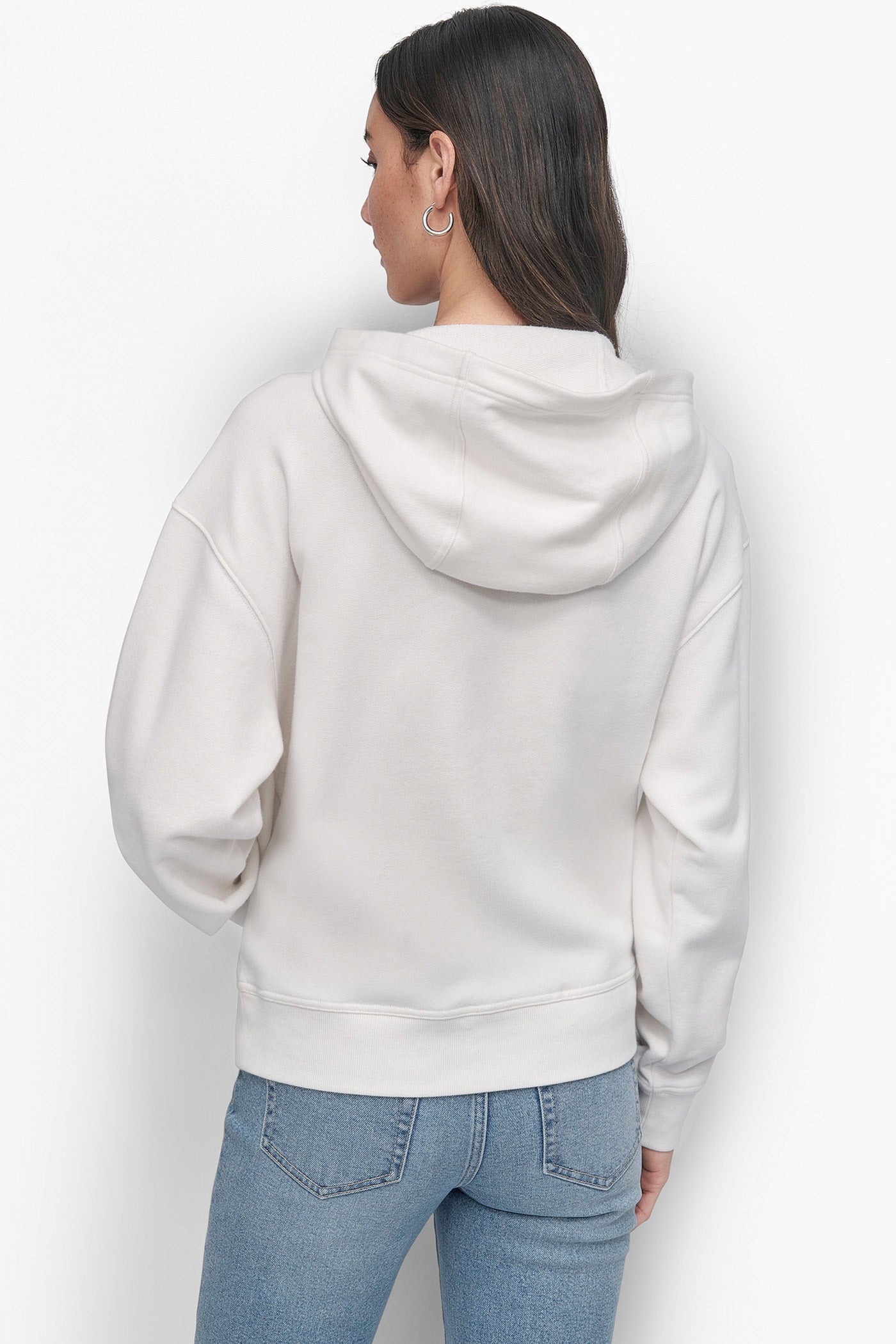 WHITE/MATTE SILVER DKNY ARCHED DOME STUD SWEATSHIRT, VIEW 2 | SALE TOPS AND SWEATERS