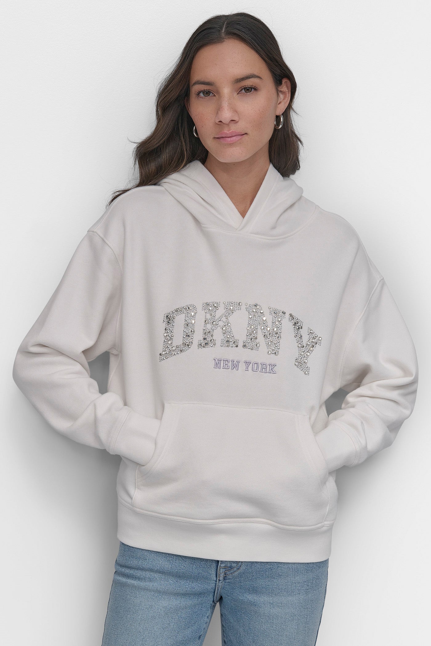 WHITE/MATTE SILVER DKNY ARCHED DOME STUD SWEATSHIRT, FRONT VIEW | Sweatshirts & Joggers