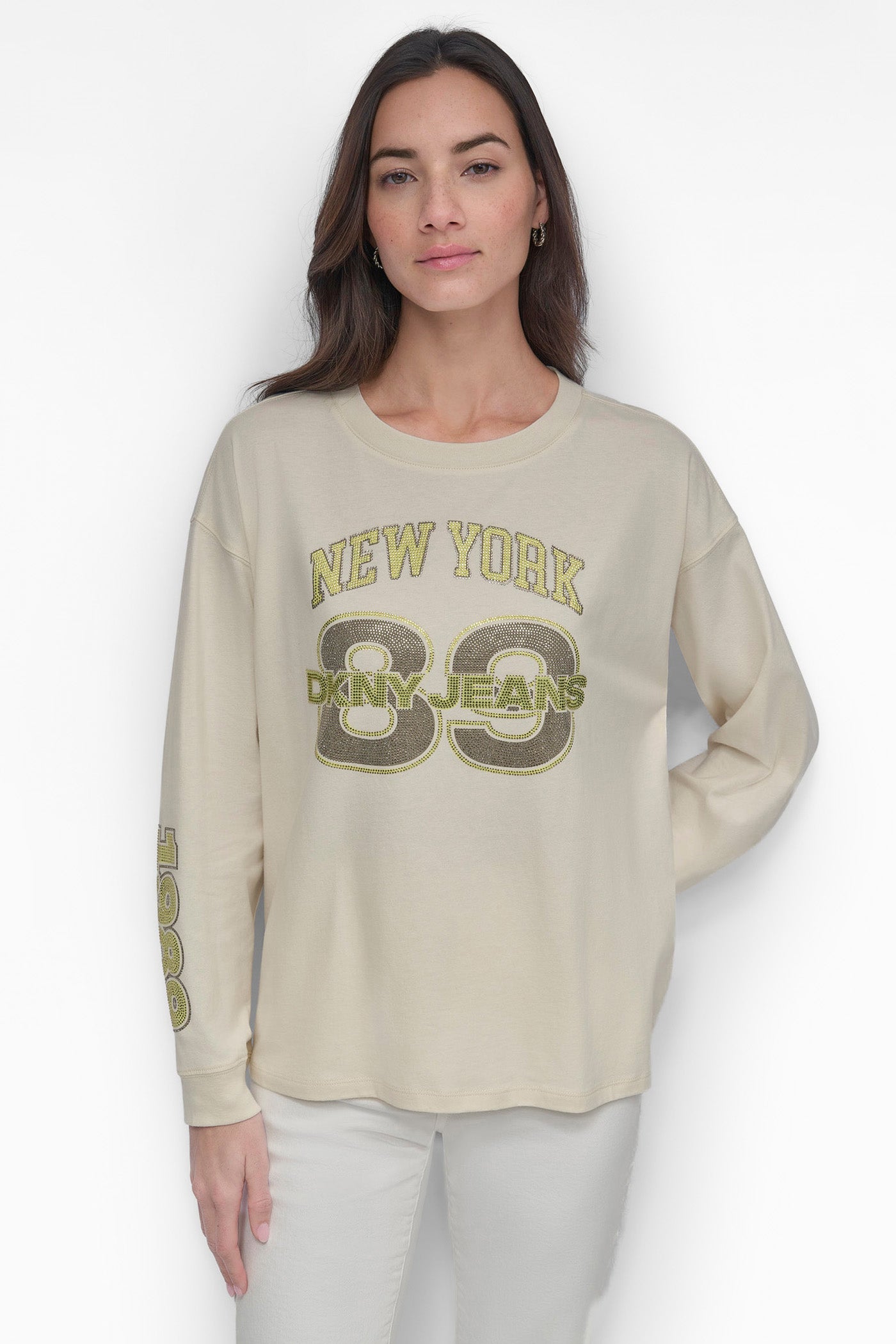 Eggnog/Vintage Khaki 89 MULTI COLOR RHINESTONE LOGO LONG SLEEVE TEE, FRONT VIEW | Products