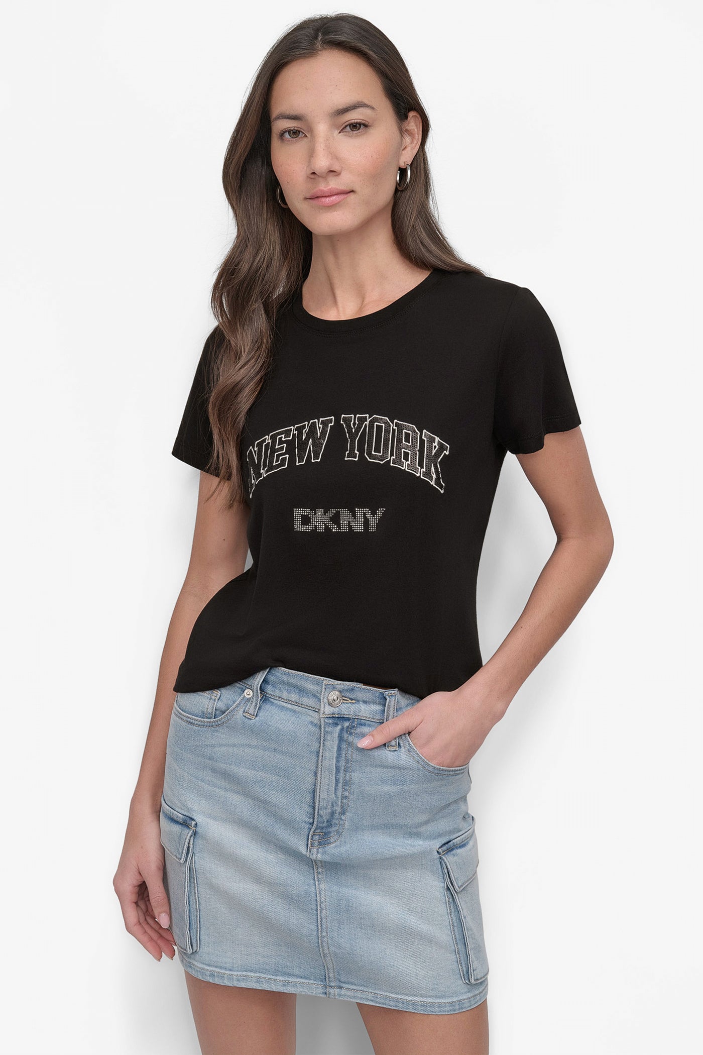 BLACK/SILVER DKNY RHINESTONE STUD LOGO TEE, VIEW 1 | Tees & Tanks
