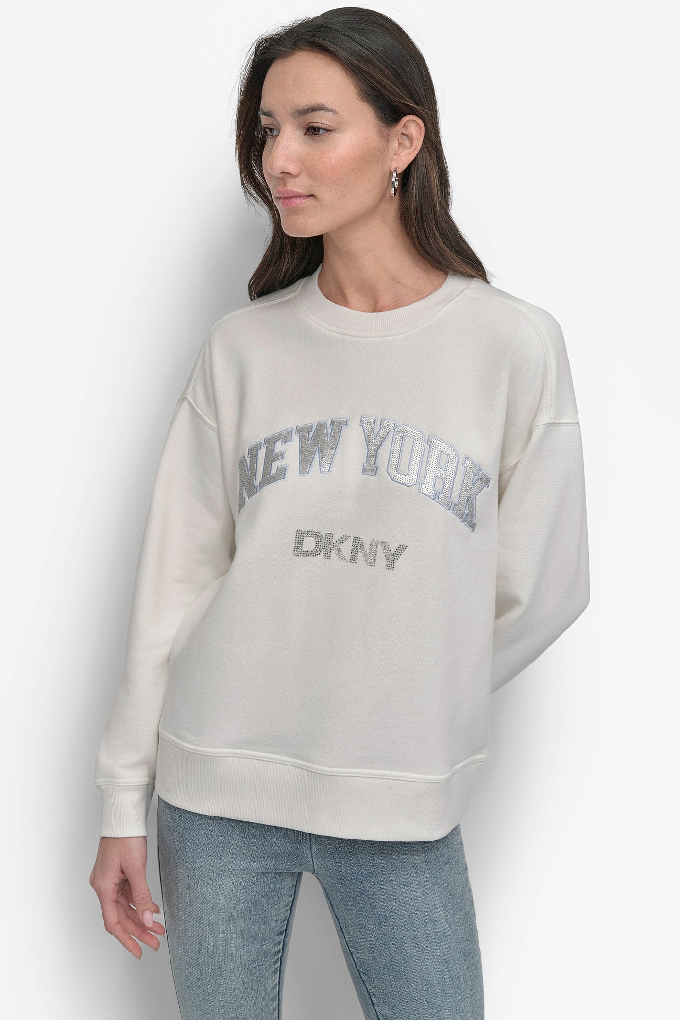 White RHINESTONE STUD LOGO CREW NECK SWEATSHIRT, FRONT VIEW | DKNY Promo