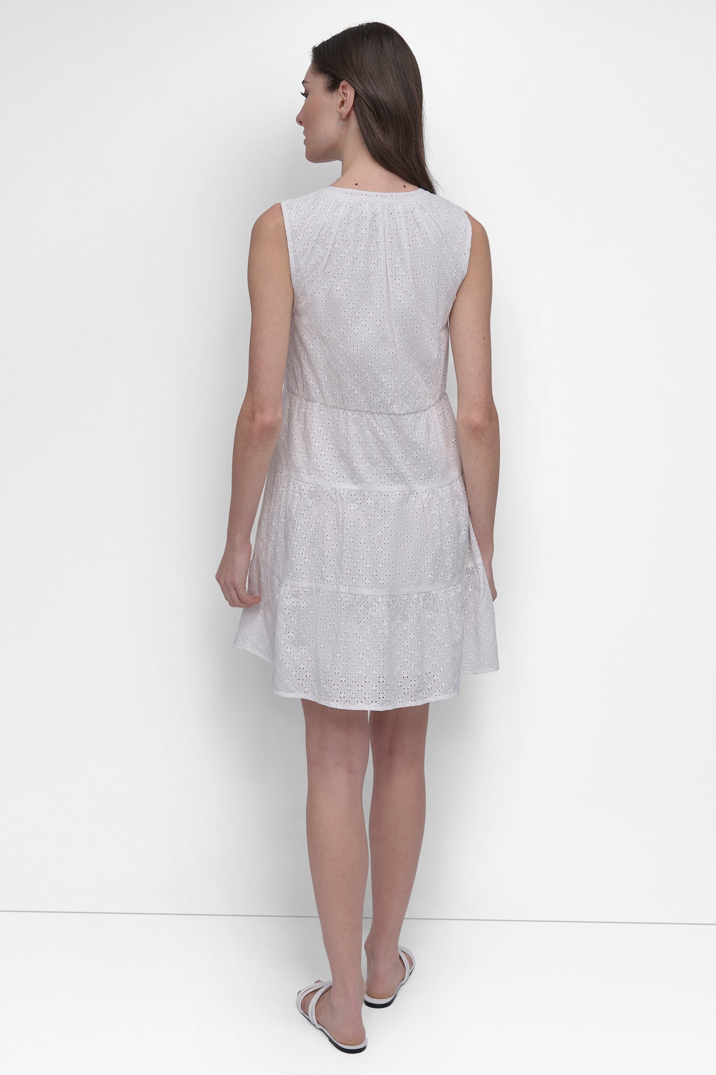 CLOVER WHITE SLEEVELESS EYELET TIERED DRESS, BACK VIEW | SALE DRESSES
