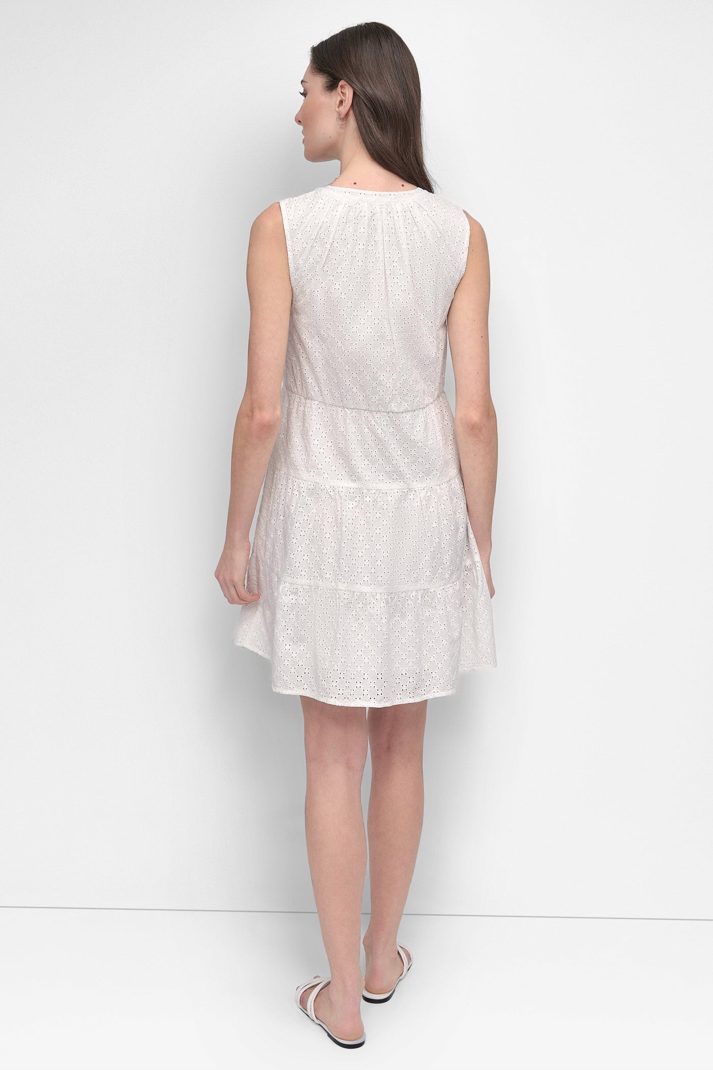 CLOVER WHITE SLEEVELESS EYELET TIERED DRESS, BACK VIEW | Dresses & Jumpsuits