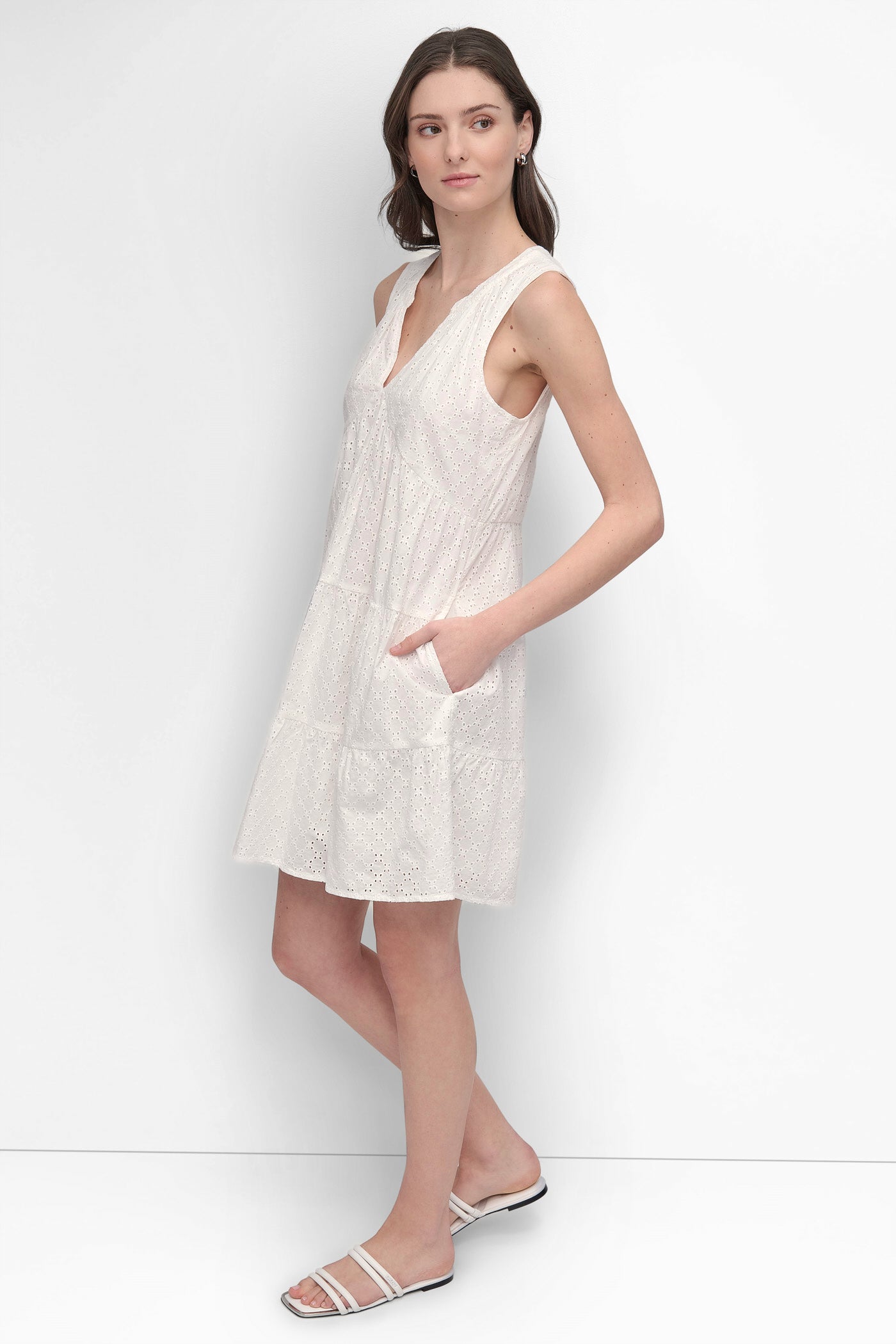 SLEEVELESS EYELET TIERED DRESS VIEW 3 | SELECT STYLES