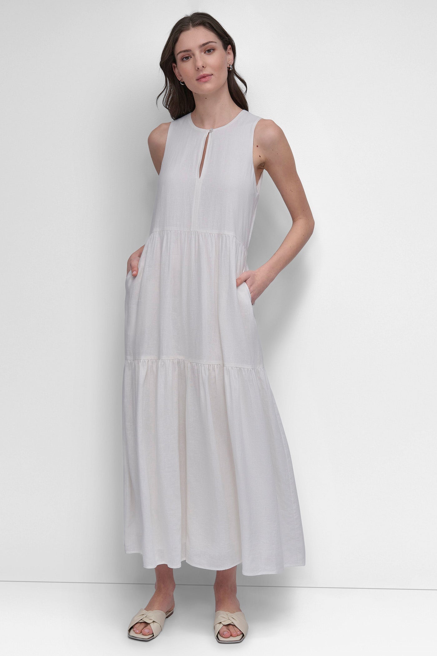 IVORY LINEN SLEEVELESS TIERED MAXI, VIEW 1 | SALE DRESSES
