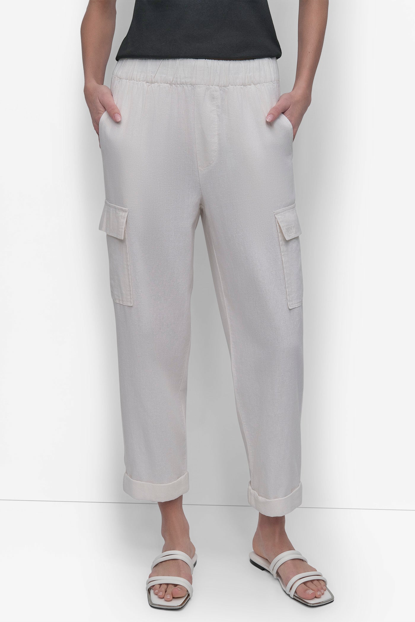 IVORY MIDRise Length CARGO PANTS WITH ELASTICATED, FRONT VIEW | DKNY JEANS