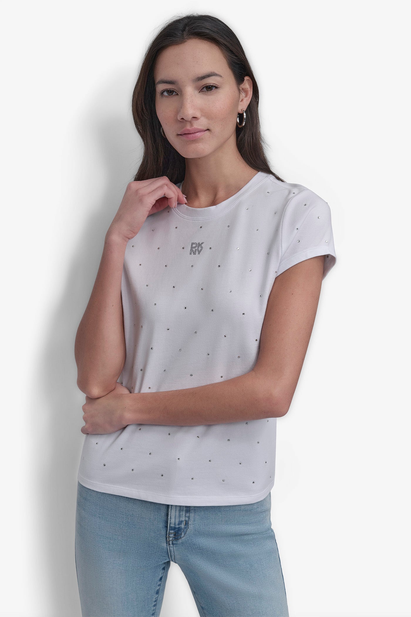 White CRYSTAL EMBELLISHED LOGO TEE, FRONT VIEW | Tees & Tanks
