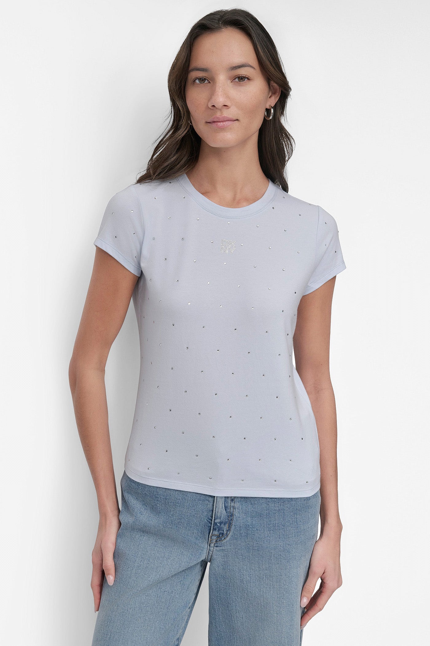 Skyway Blue CRYSTAL EMBELLISHED LOGO TEE, FRONT VIEW | DKNY JEANS