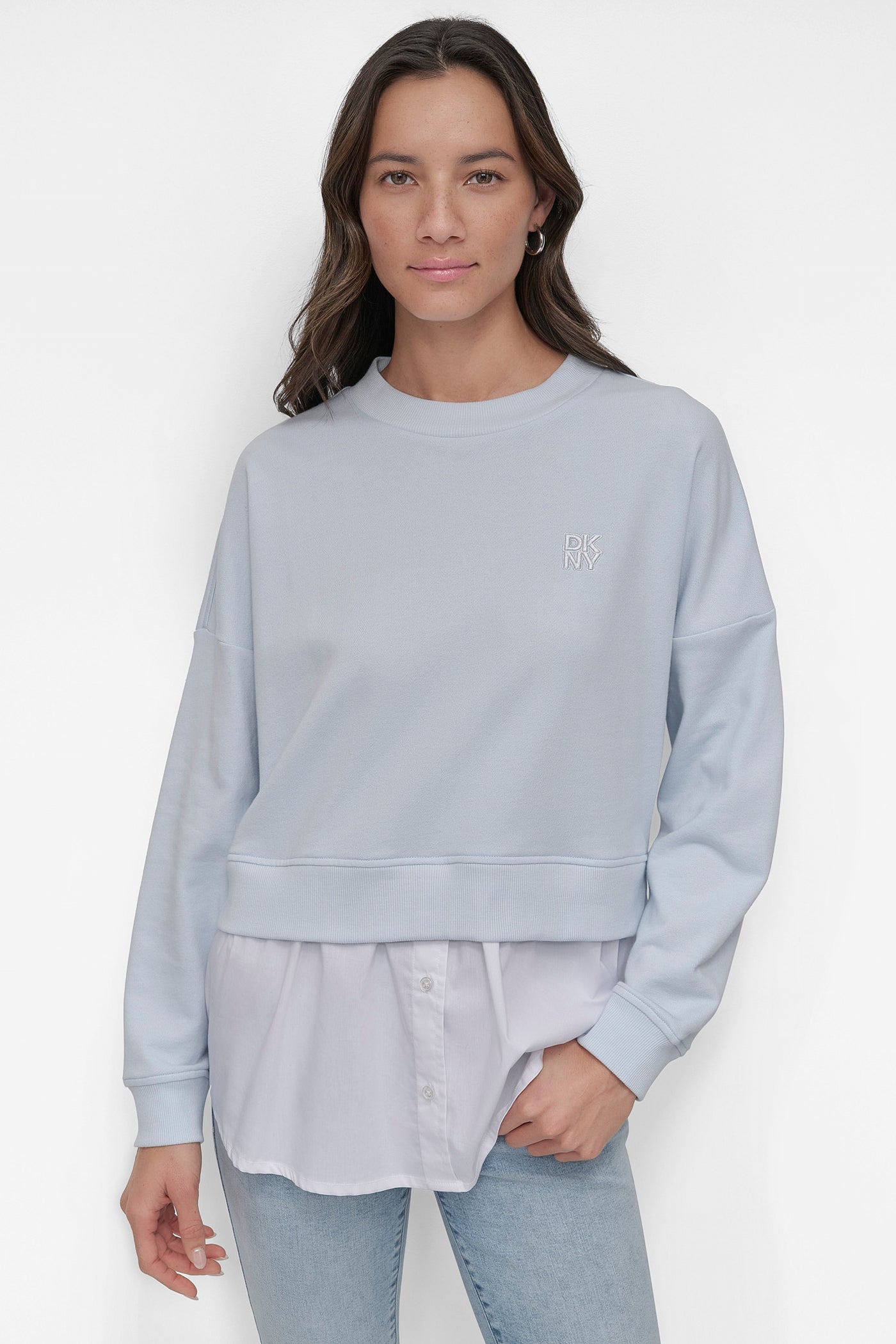 SKYWAY BLUE/WHITE SWEATSHIRT WITH POPLIN SHIRT, FRONT VIEW | Sweatshirts & Joggers
