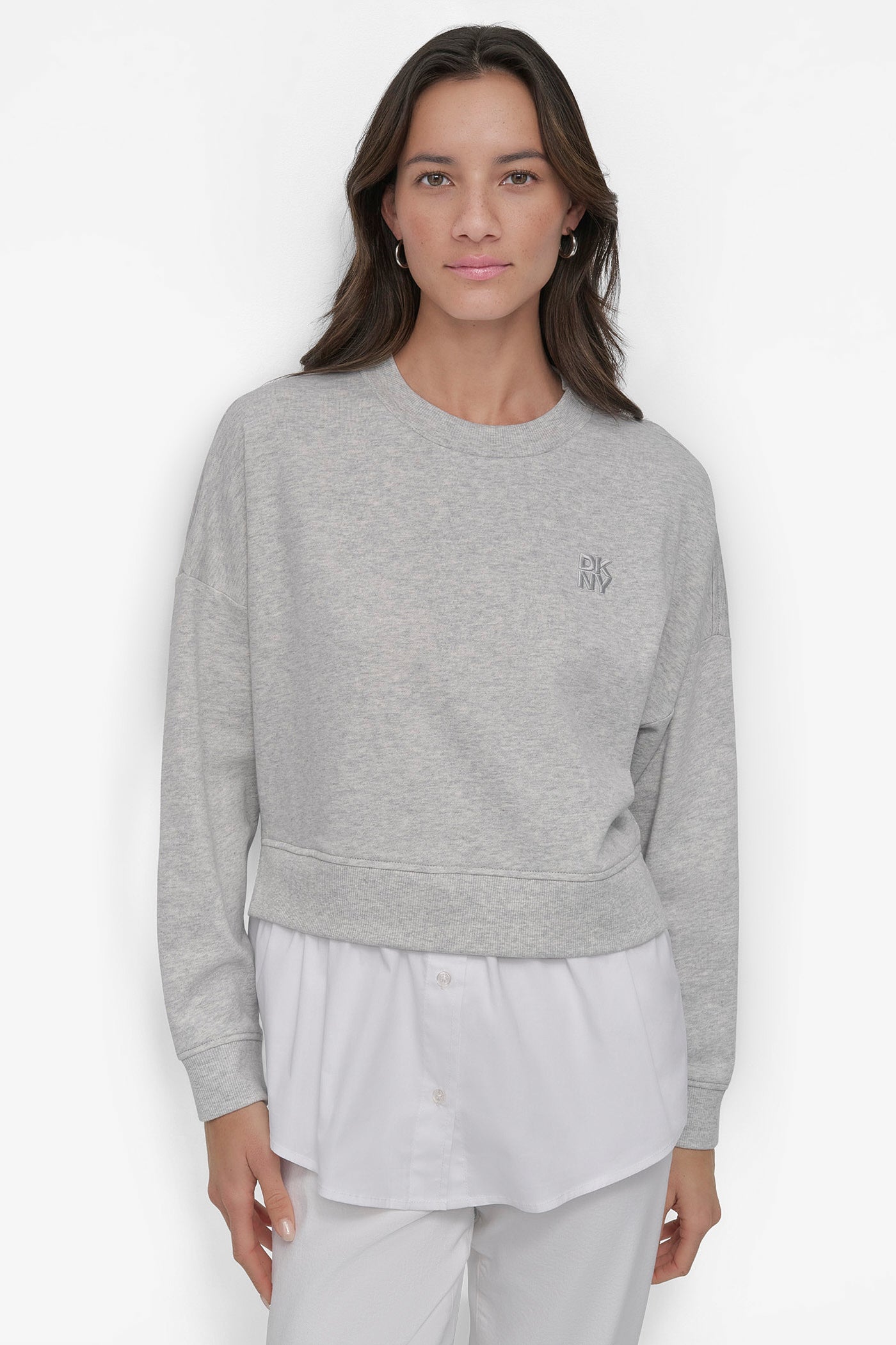 SKYGREY HEATHER/WHITE SWEATSHIRT WITH POPLIN SHIRT, FRONT VIEW | Sweatshirts & Joggers