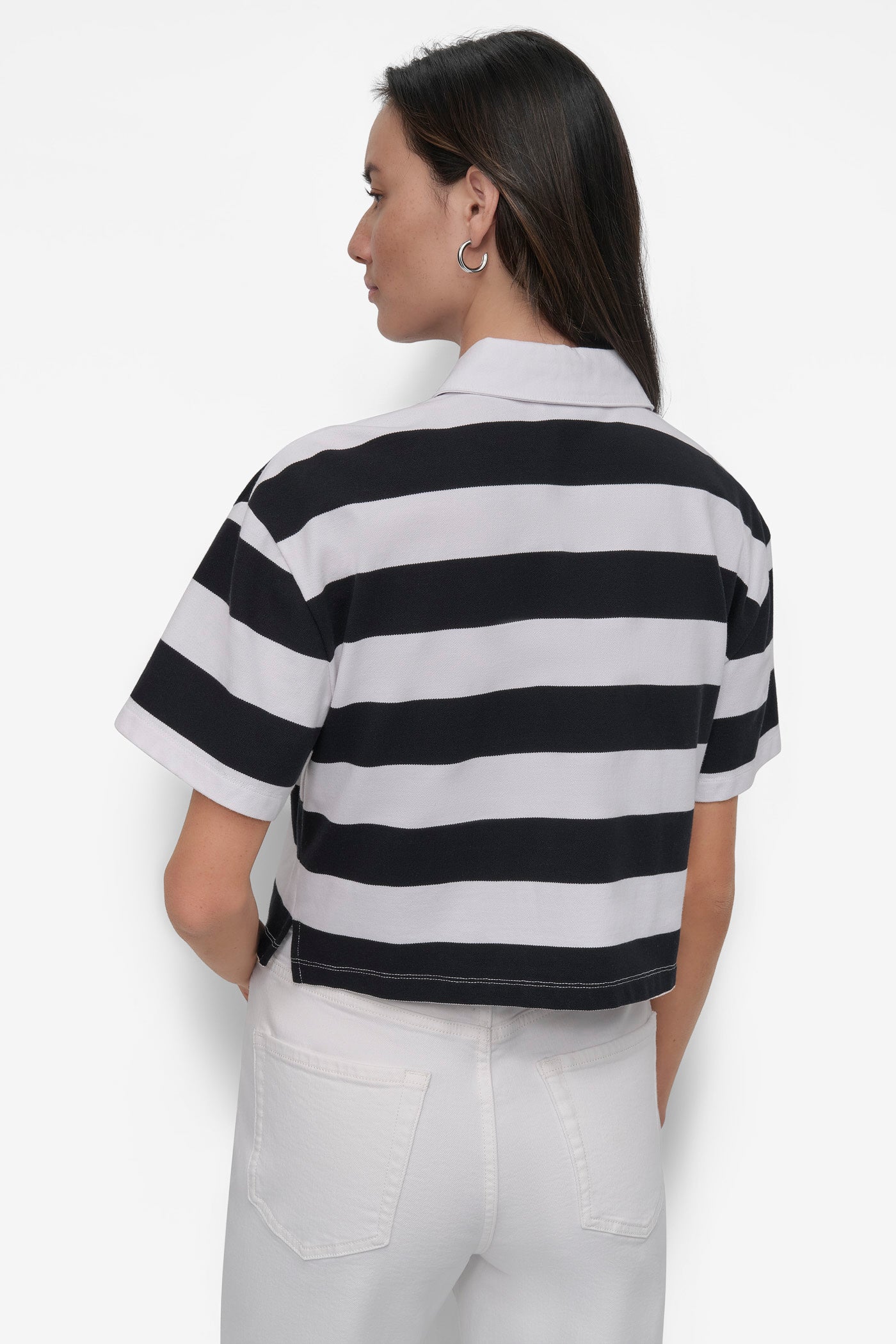 WHITE/BLACK RUGBY STRIPE BOXY POLO WITH WOVEN TWILL COLLAR, BACK VIEW | Clothing