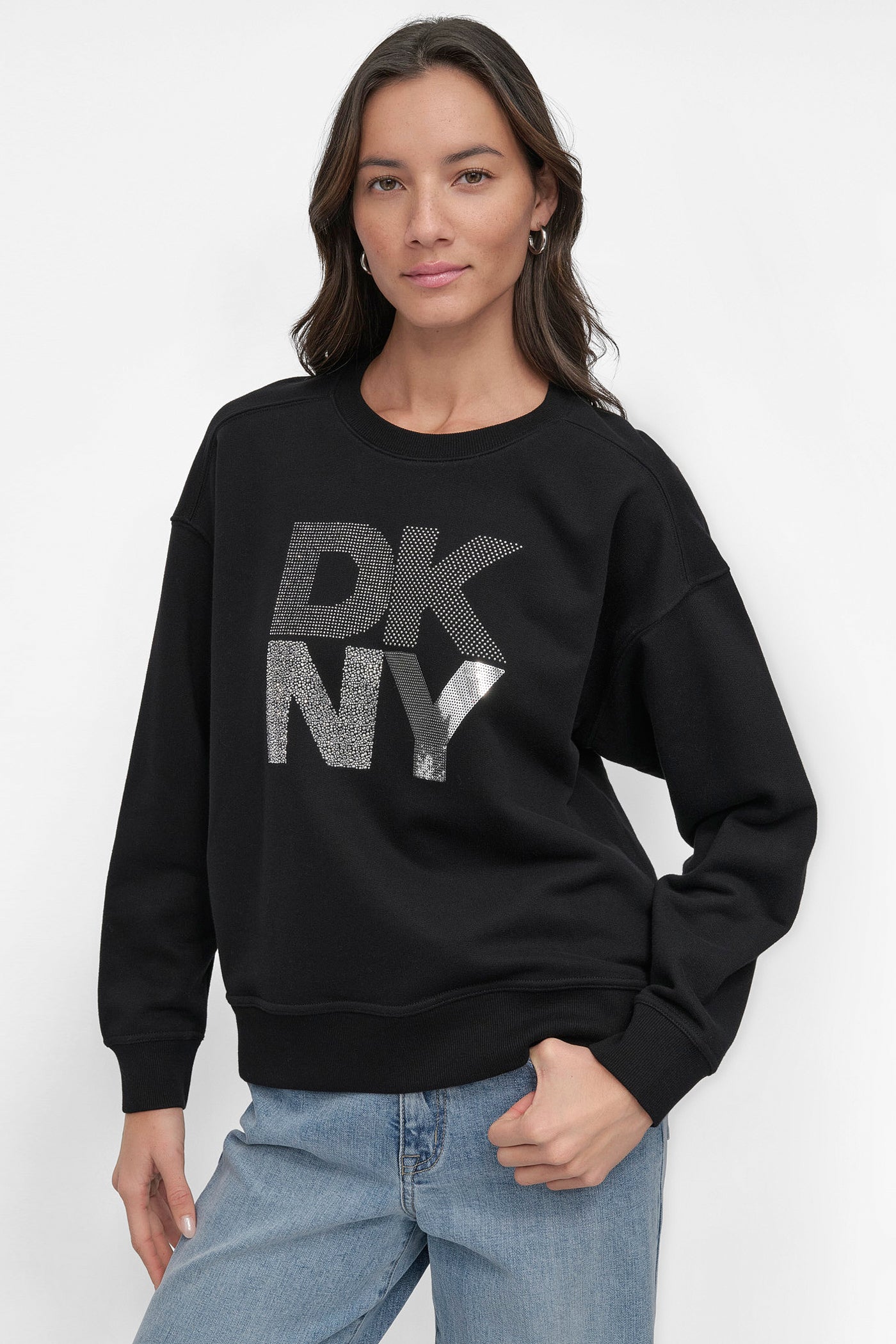 Black/ SILVER STACKED NY MIXED EMBELLISHED SWEATSHIRT, FRONT VIEW | DKNY Promo