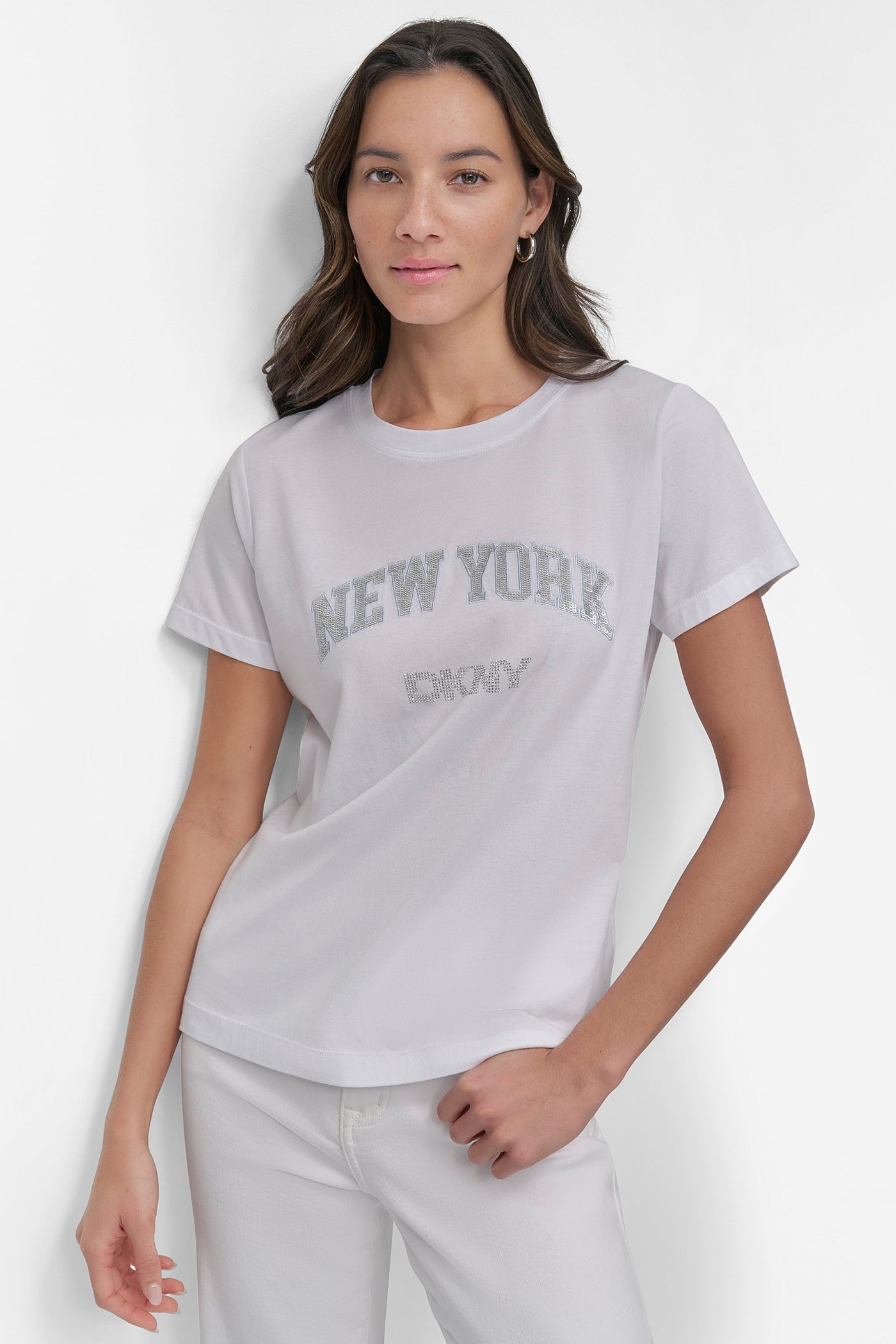 WHITE/SILVER DKNY RHINESTONE STUD LOGO TEE, FRONT VIEW | Tees & Tanks