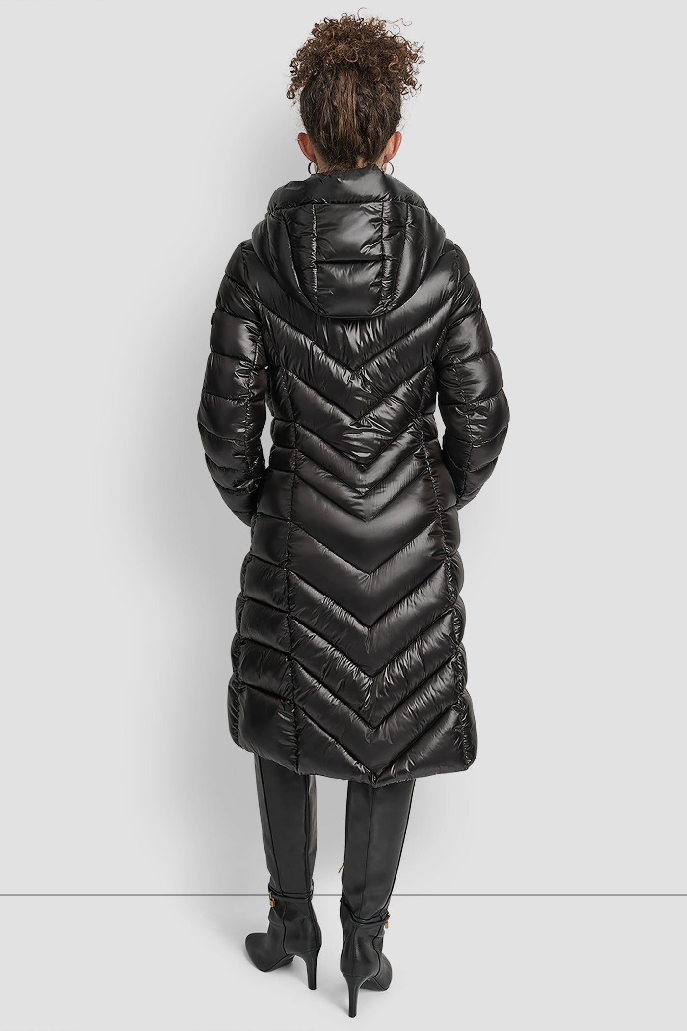 Black FULL LENGTH HOODED PUFFER, BACK VIEW | DKNY Promo