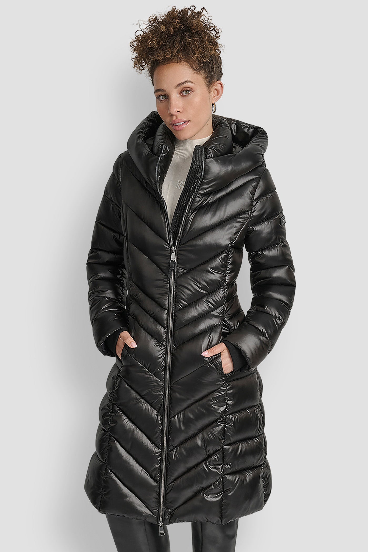 Black FULL LENGTH HOODED PUFFER, FRONT VIEW | DKNY Promo