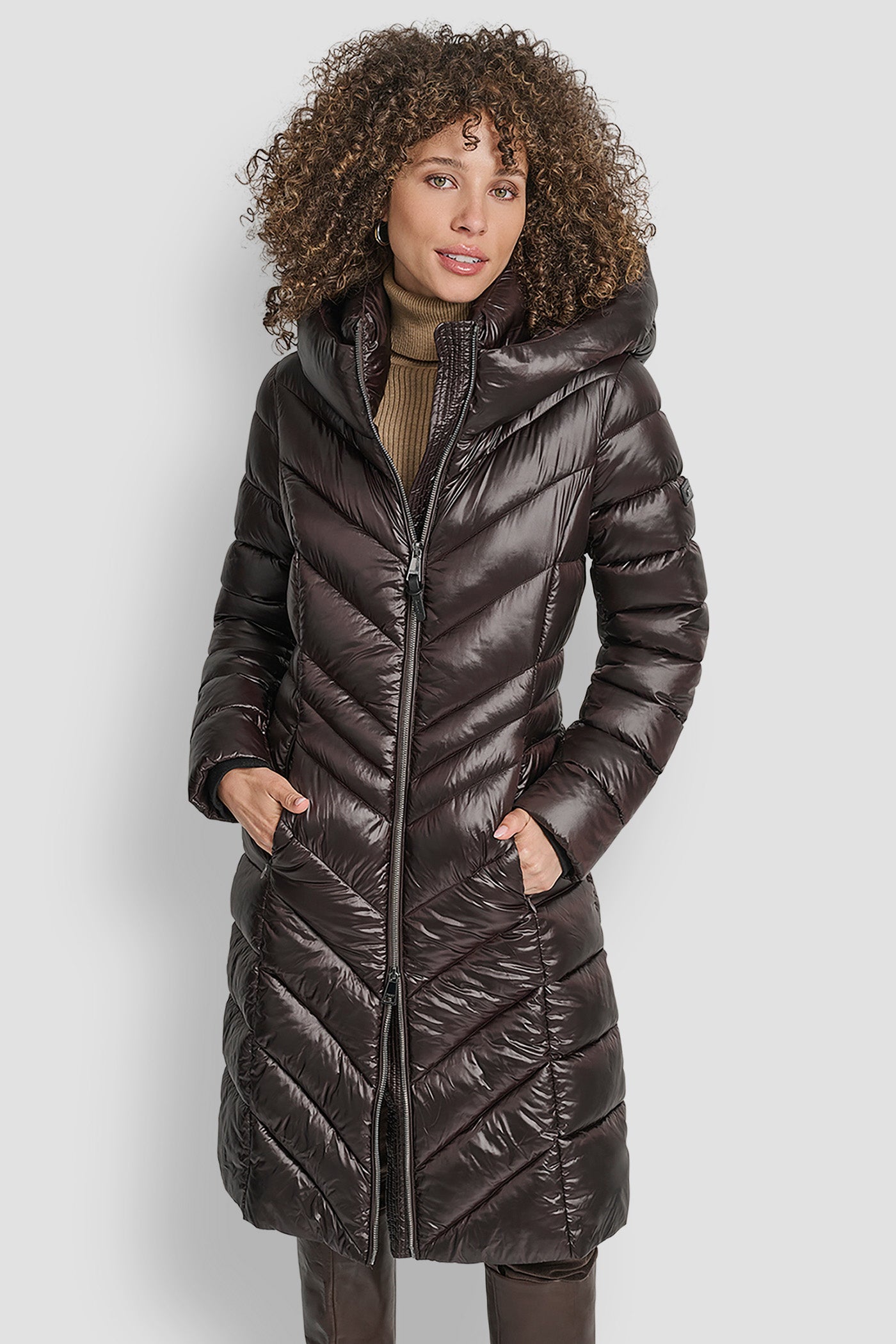 BITTER FULL LENGTH HOODED PUFFER, FRONT VIEW | DKNY Promo