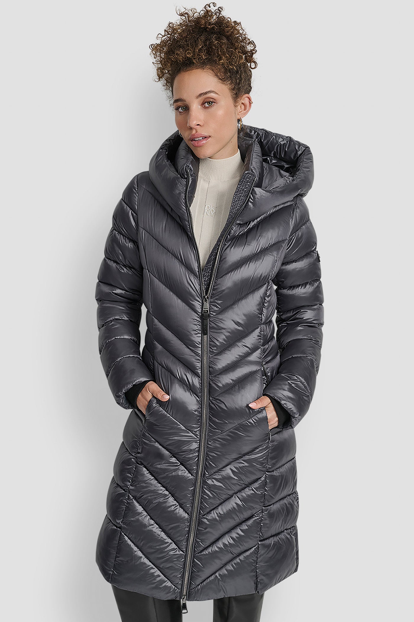 TITAN FULL LENGTH HOODED PUFFER, FRONT VIEW | DKNY Promo