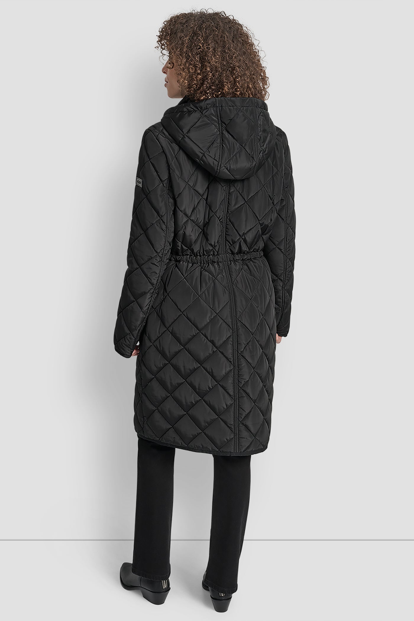 BLACK LONG QUILTED COAT WITH FAUX LEATHER COLLAR, BACK VIEW | New Arrivals
