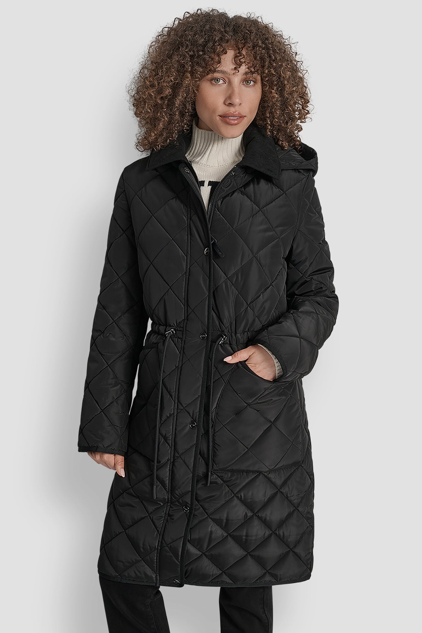 BLACK LONG QUILTED COAT WITH FAUX LEATHER COLLAR, FRONT VIEW | New Arrivals