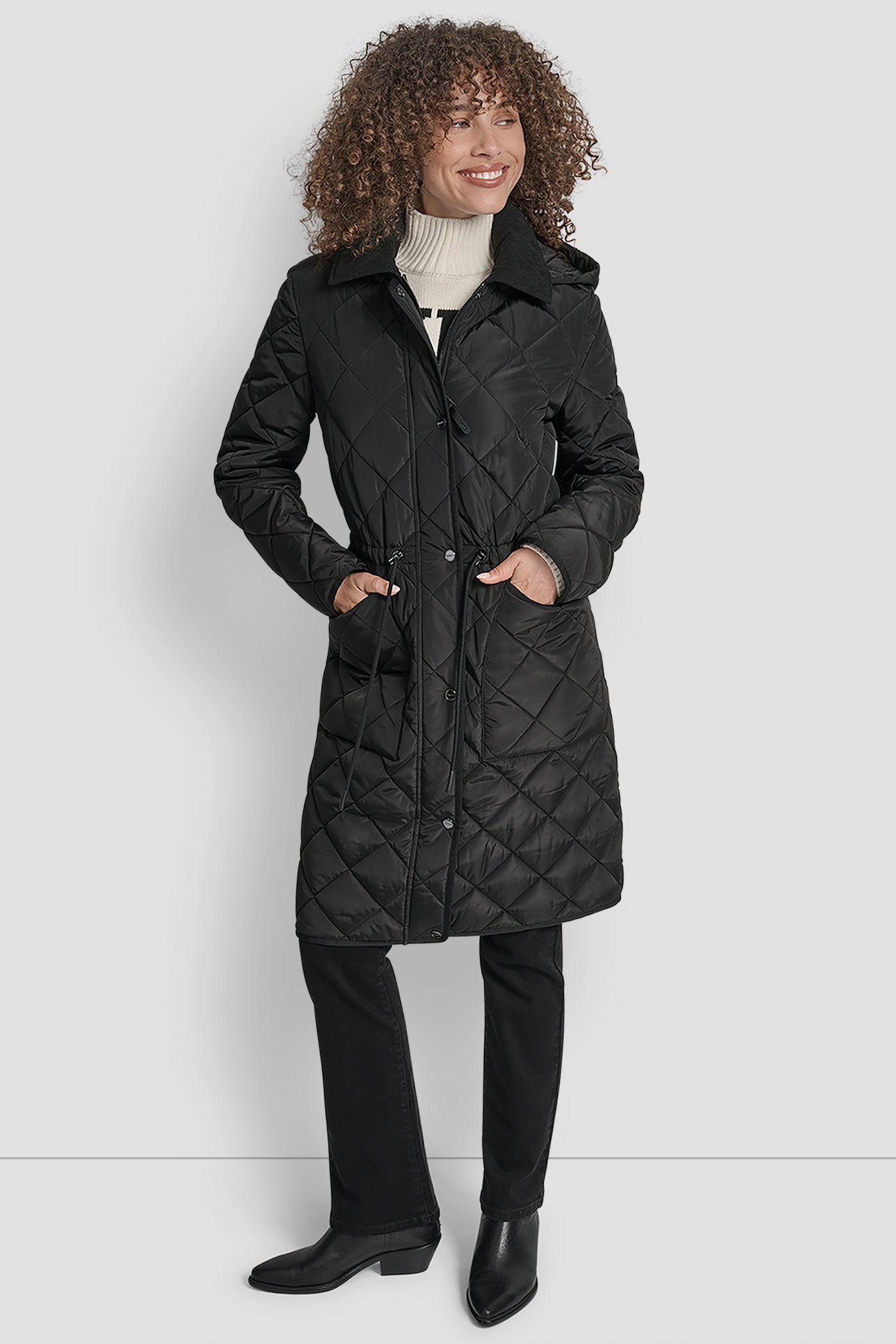 BLACK LONG QUILTED COAT, VIEW 1 | Clothing