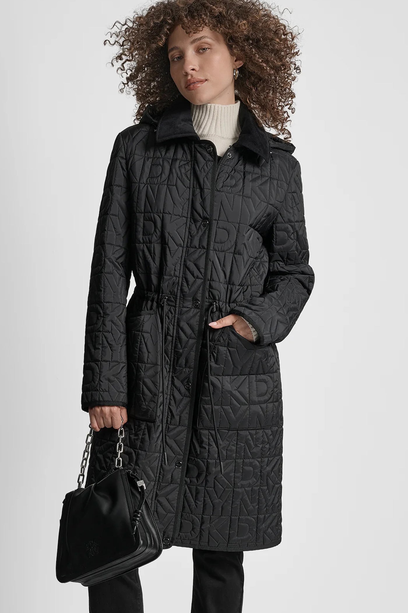 BLACK LONG QUILTED COAT, FRONT VIEW | Back-To-School Shop