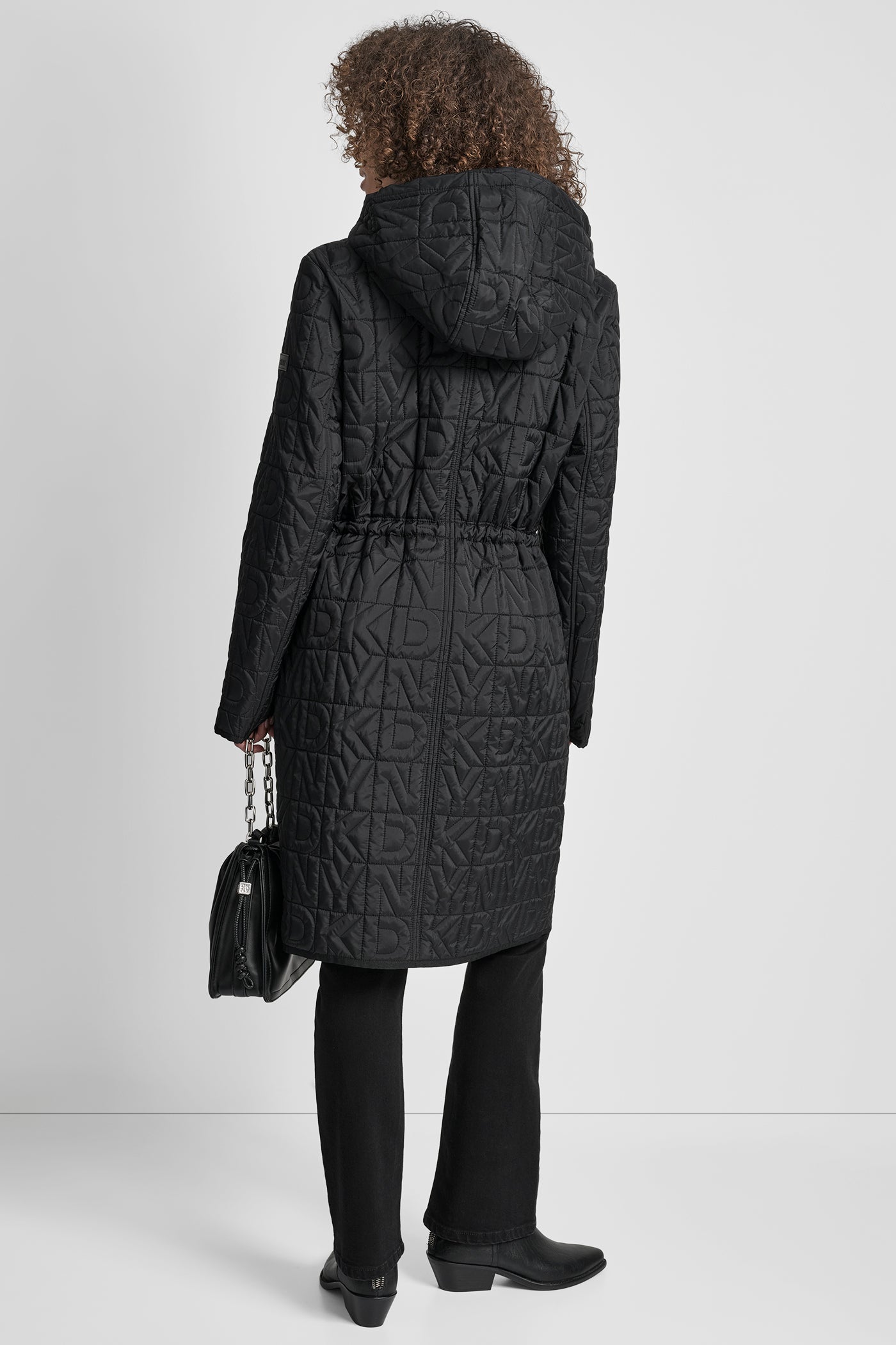 EBONY LONG QUILTED COAT WITH FAUX LEATHER COLLAR, BACK VIEW | New Arrivals