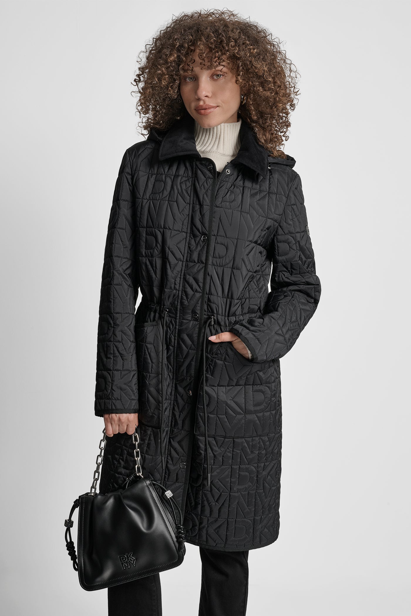 EBONY LONG QUILTED COAT WITH FAUX LEATHER COLLAR, FRONT VIEW | New Arrivals