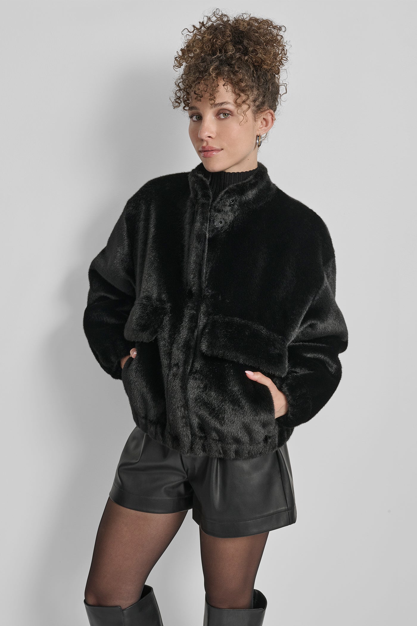 Black FAUX MINK BONDED SHEARLING, VIEW 1 | WOMENS COATS & JACKETS