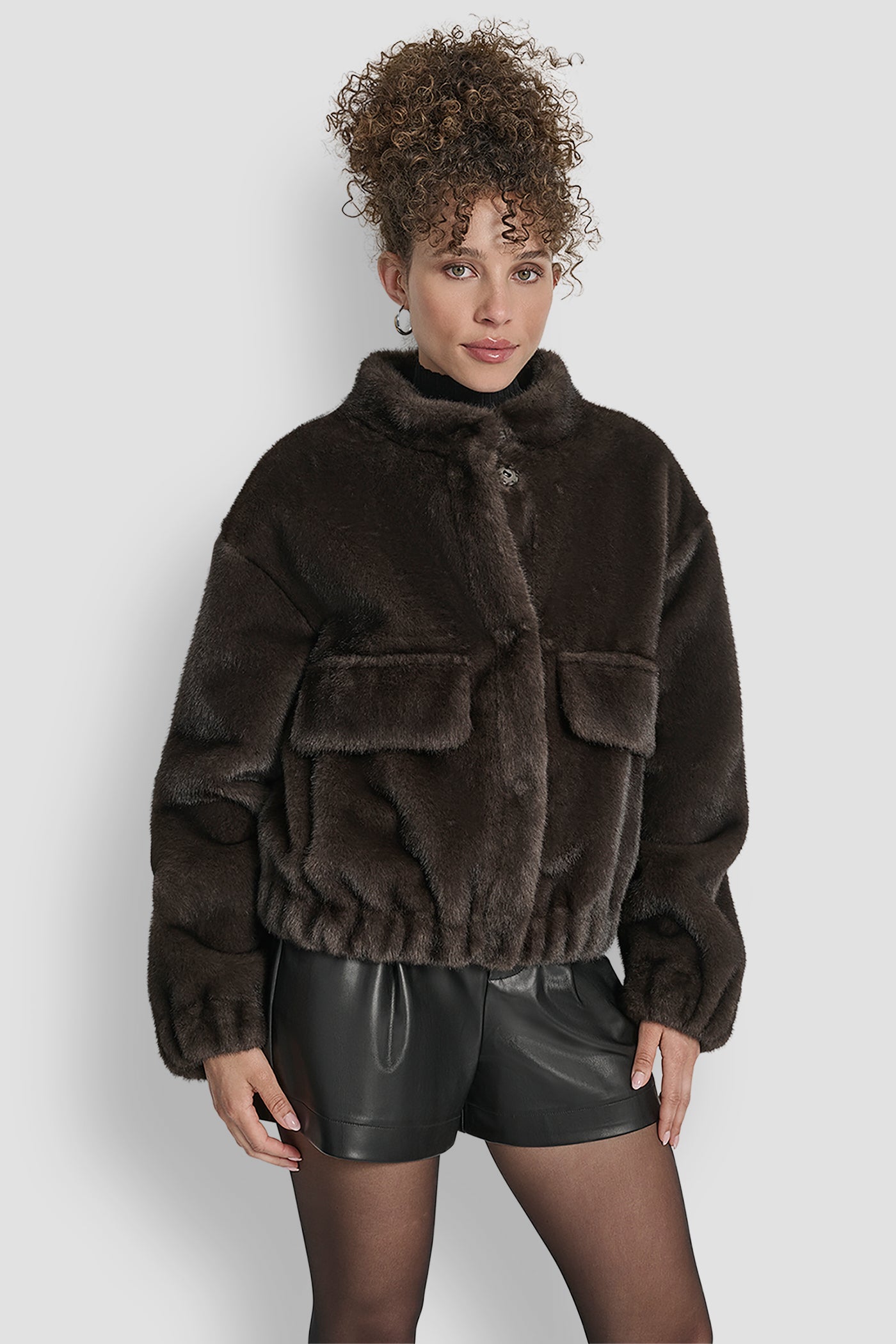 Brown FAUX MINK BONDED SHEARLING, FRONT VIEW | DKNY Promo