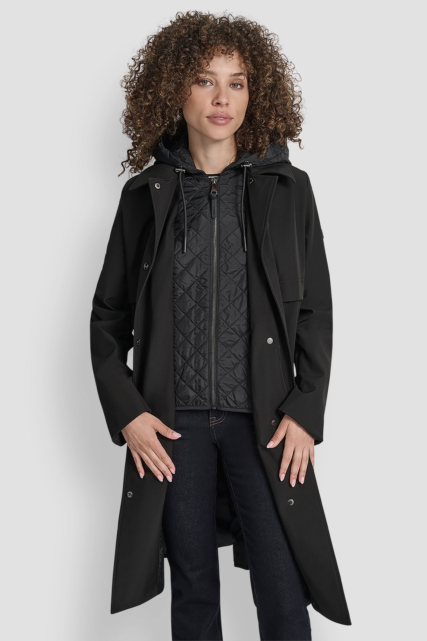 Black LONG FLEXTECH COAT WITH QUILTED BIB, VIEW 1 | New Arrivals