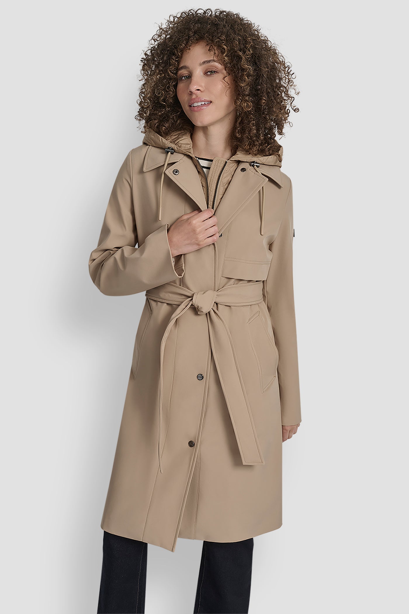 KHAKI LONG FLEXTECH COAT WITH QUILTED BIB, VIEW 1 | New Arrivals