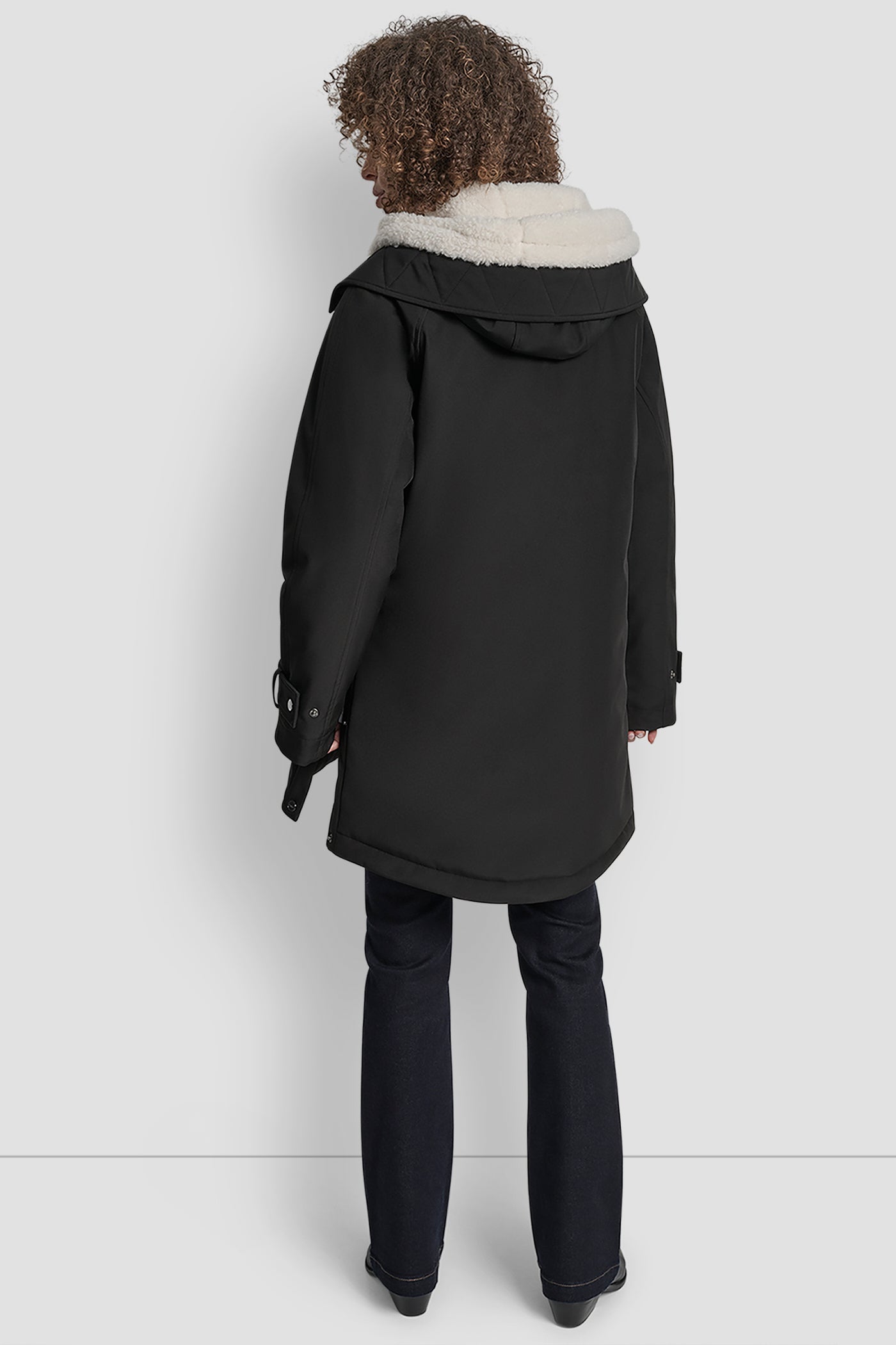 Black MID LENGTH FLEXTECH COAT WITH FUR HOOD, BACK VIEW | Cold Weather Coats
