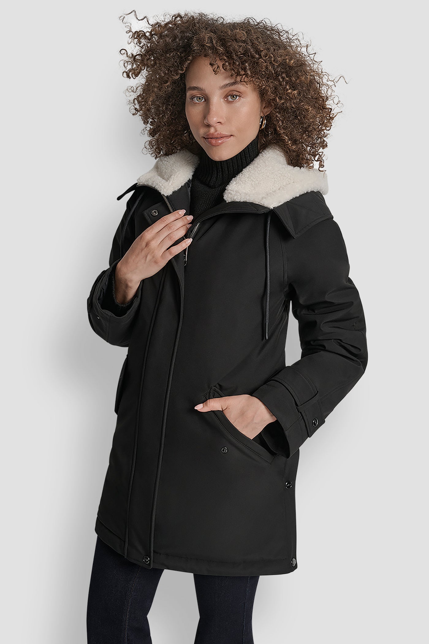 Black MID LENGTH FLEXTECH COAT WITH FUR HOOD, FRONT VIEW | Cold Weather Coats