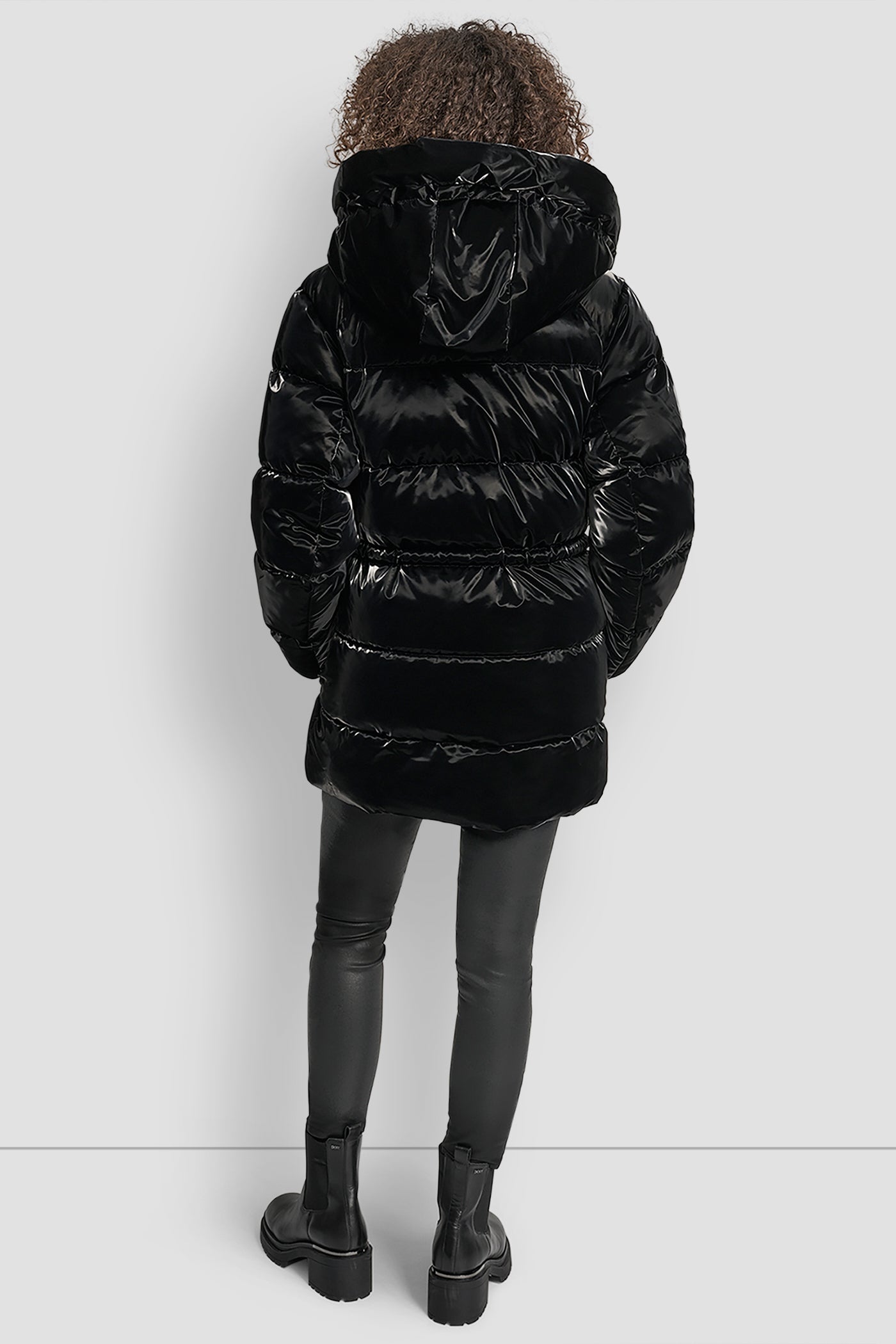 Black MID LENGTH LUSH PUFFER JACKET, BACK VIEW | New Arrivals