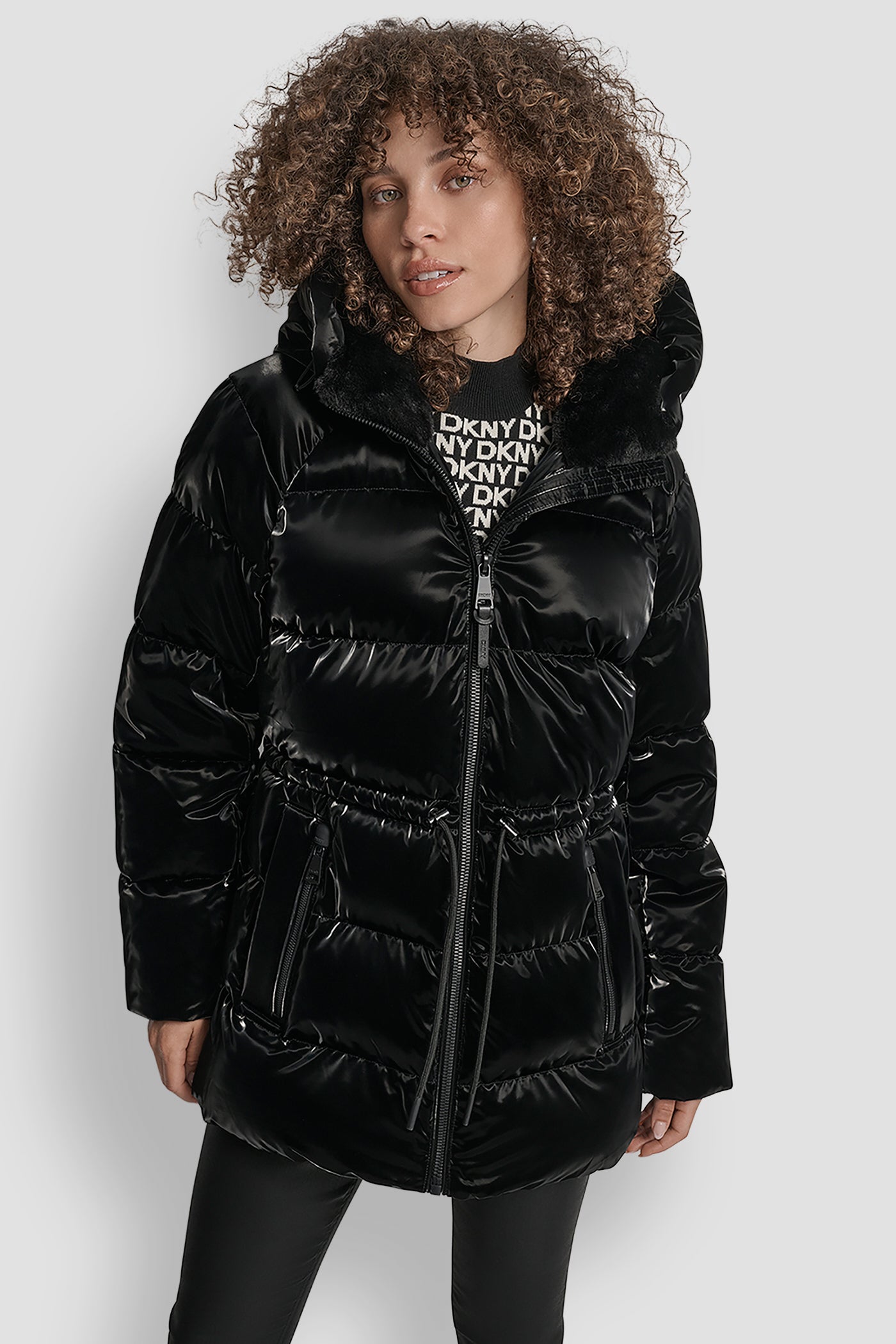 Black MID LENGTH LUSH PUFFER JACKET, FRONT VIEW | New Arrivals