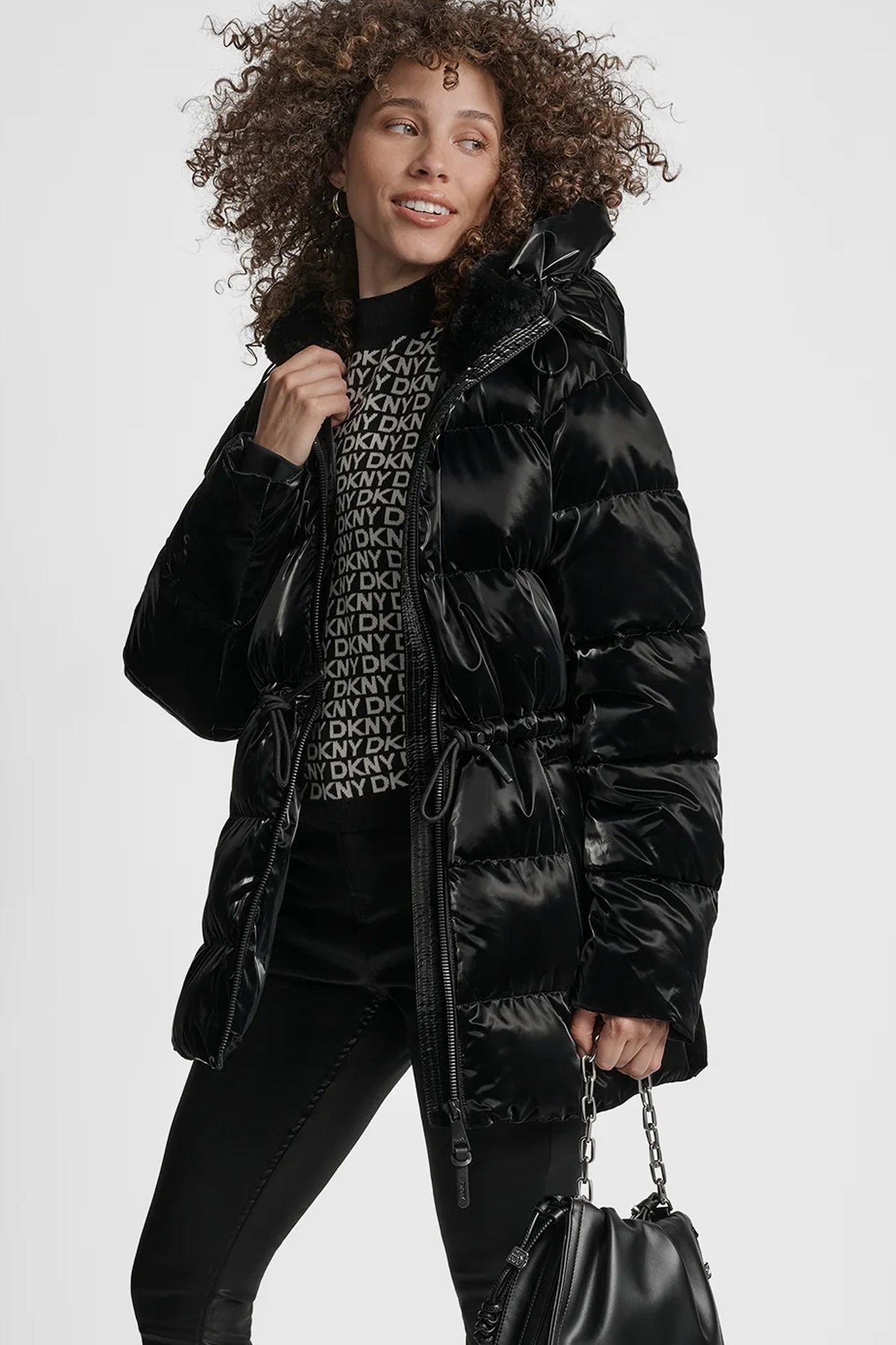 Black MID LENGTH LUSH PUFFER JACKET, VIEW 1 | Clothing