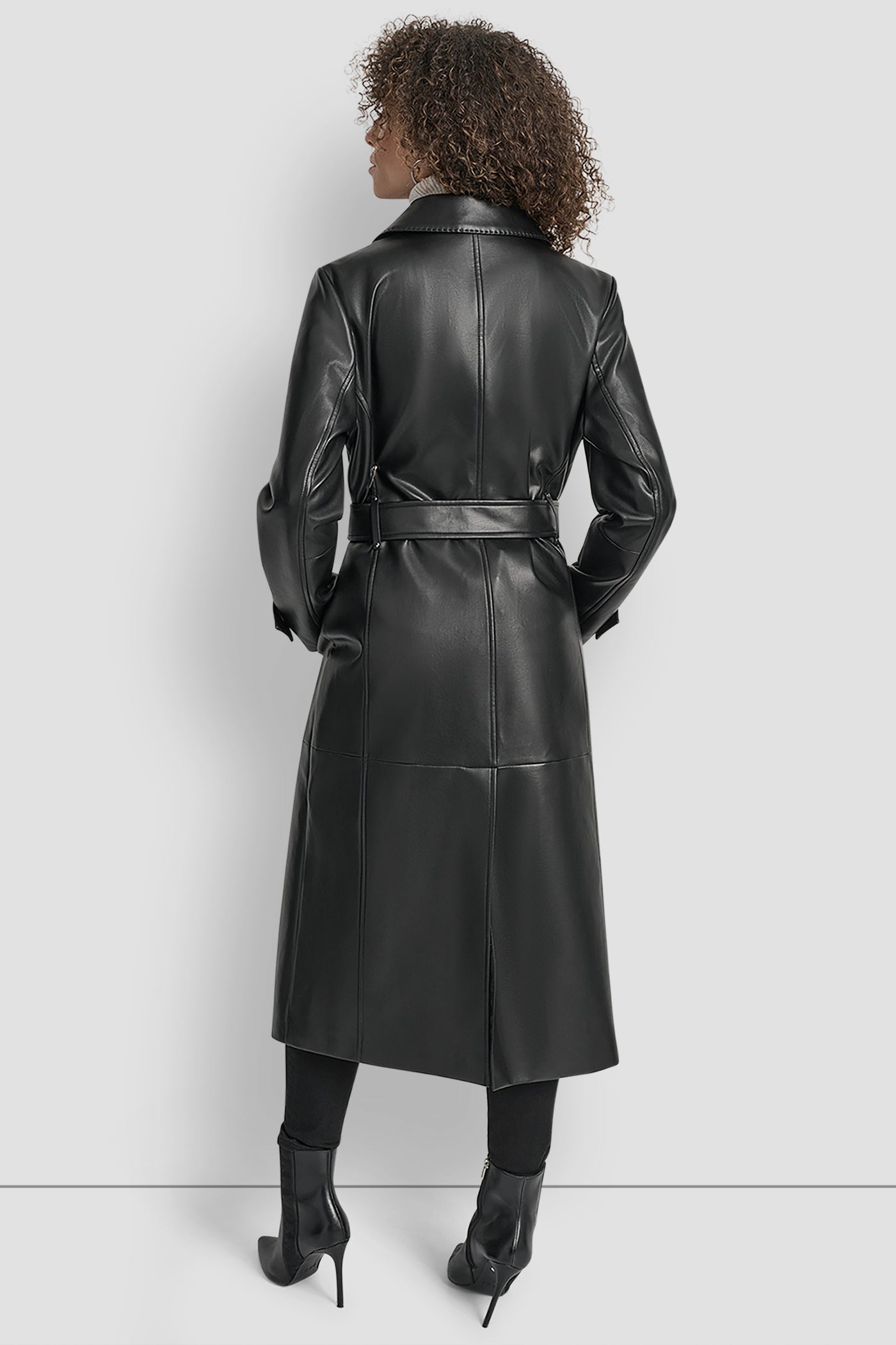 Black FAUX LEATHER LONG TRENCH, BACK VIEW | WOMENS COATS & JACKETS