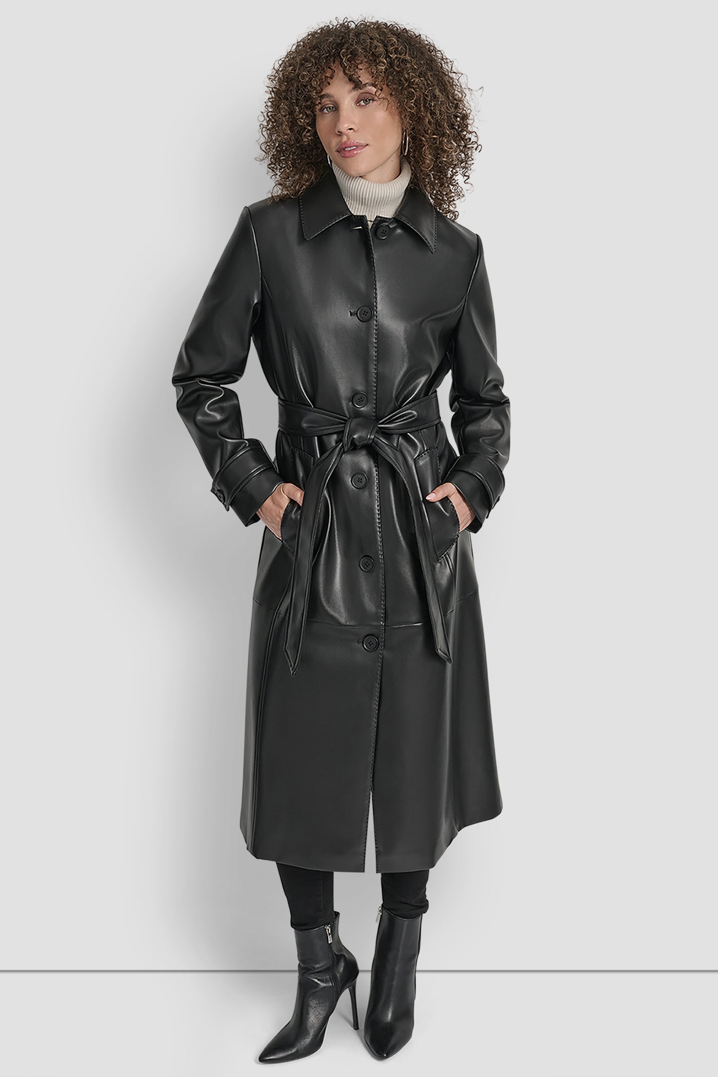 Black FAUX LEATHER LONG TRENCH, FRONT VIEW | WOMENS COATS & JACKETS