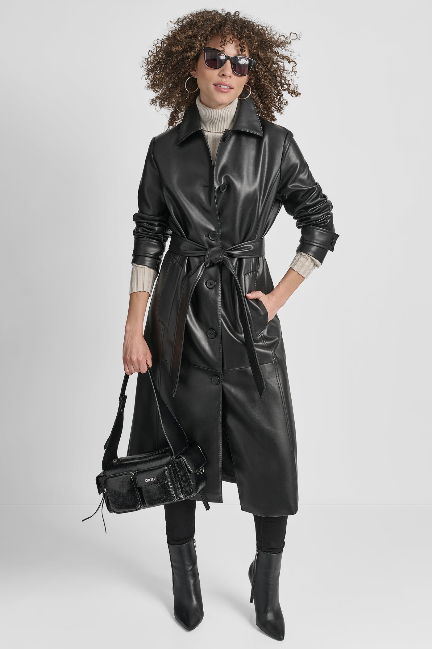 美品✨DKNY 2wayベルテッドロングコート　レザー　スタンドカラー　黒　2 Faux Leather Long Trench | Trench | DKNY