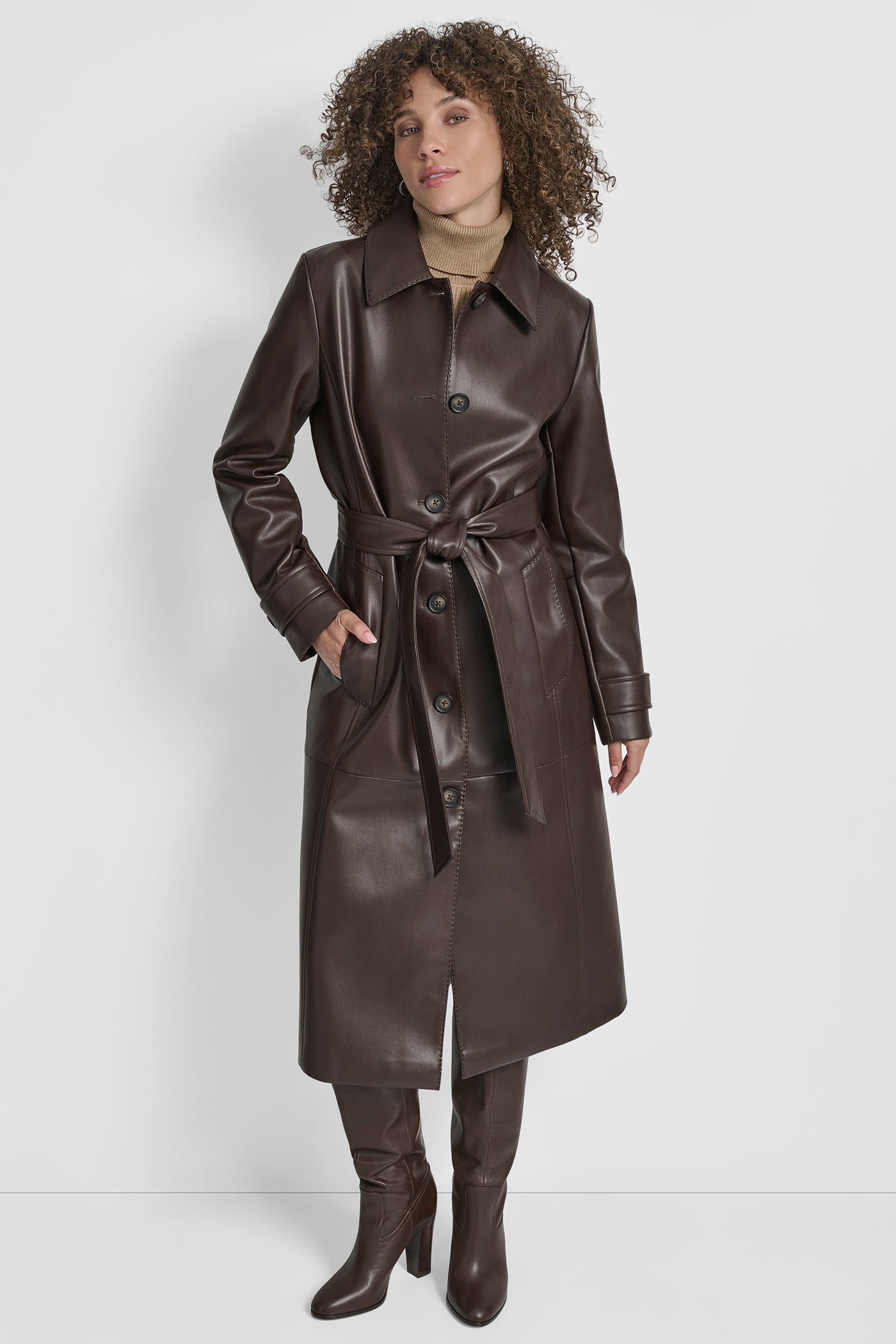 DARK BROWN FAUX LEATHER LONG TRENCH, VIEW 1 | WOMENS COATS & JACKETS