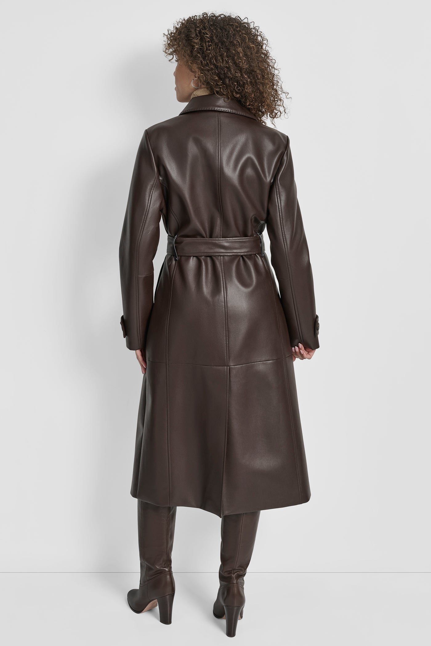 DARK BROWN FAUX LEATHER LONG TRENCH, VIEW 2 | WOMENS COATS & JACKETS