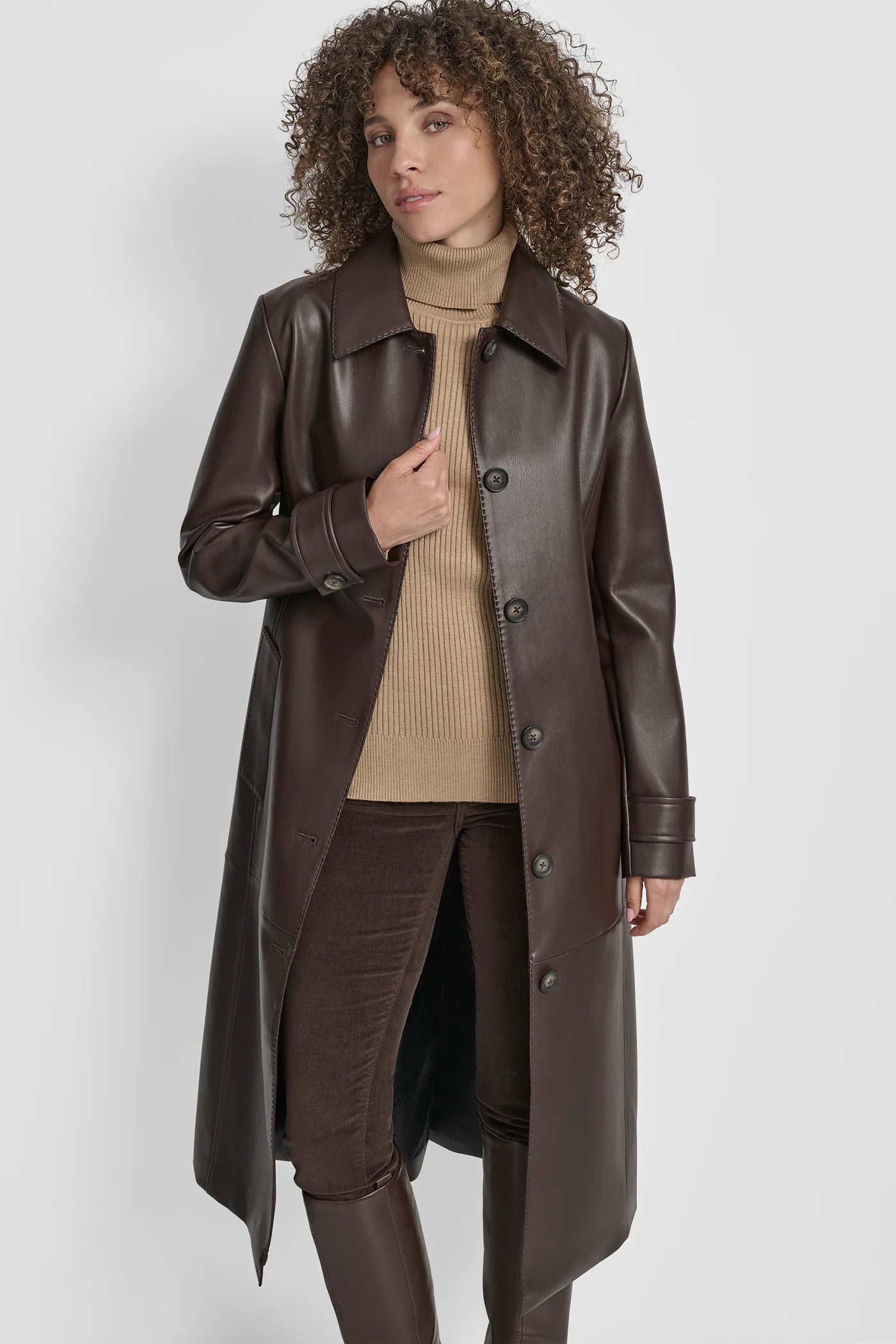 Faux Leather Long Trench | Trench | DKNY