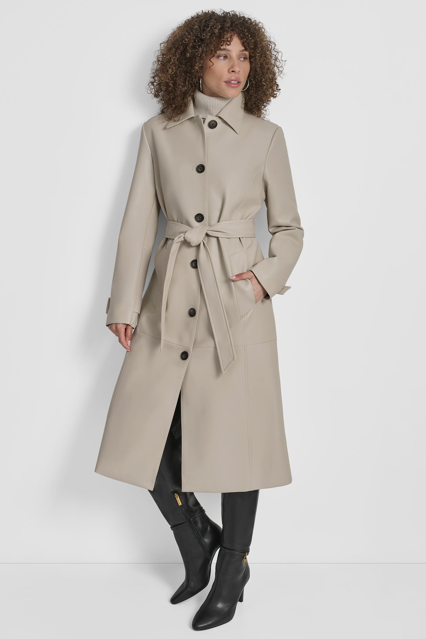 Faux Leather Long Trench | Trench | DKNY