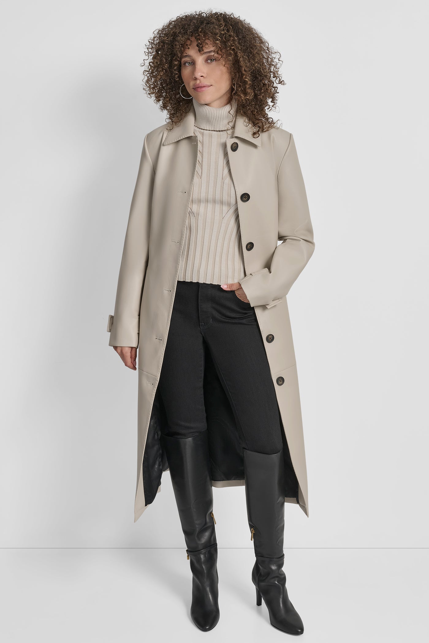 Faux Leather Long Trench | Trench | DKNY